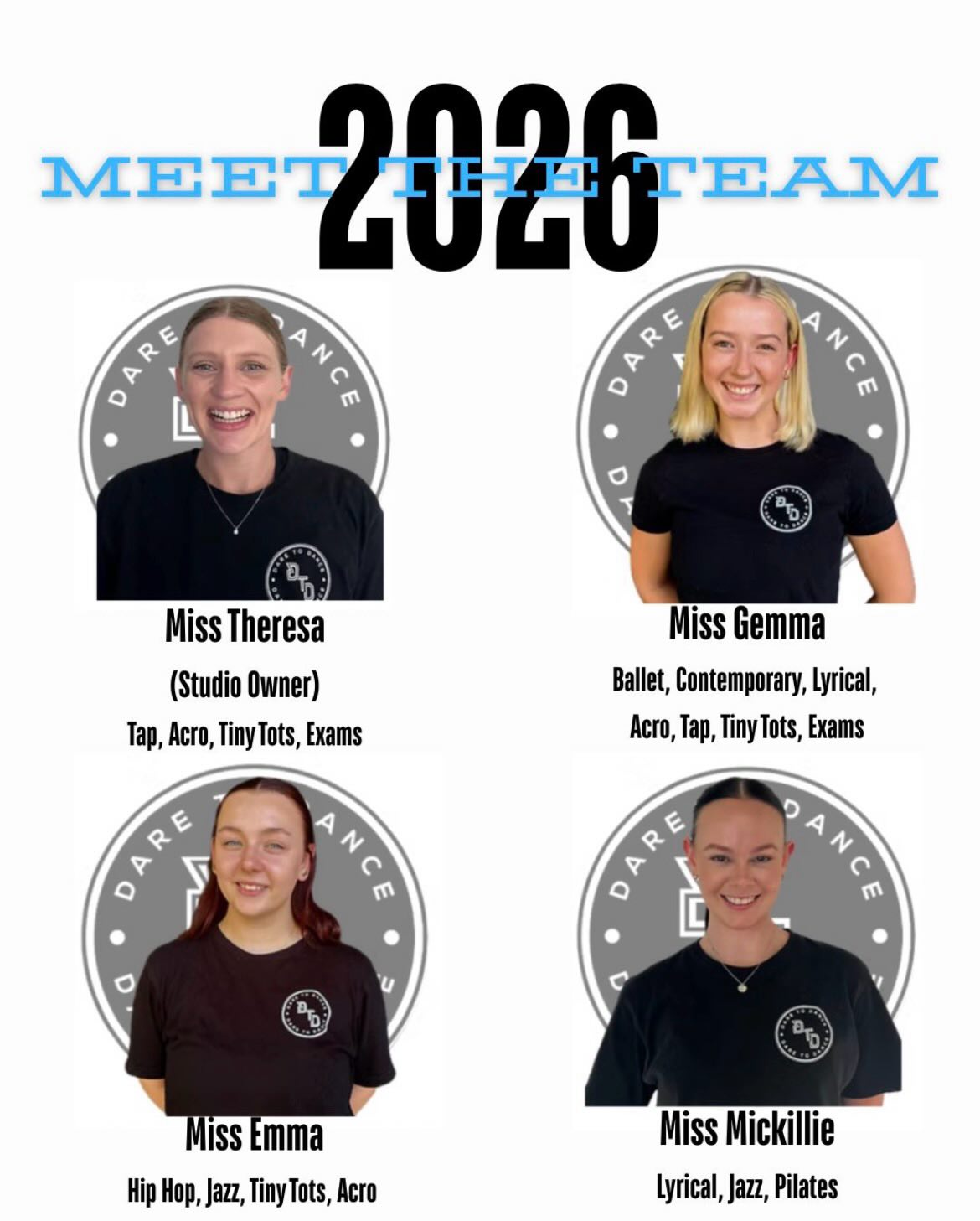 ✨Meet the team✨
💖Miss Theresa, our team captain, leading the team since her early days.
❤️Miss Gemma, our ballet girl, has always had perfect technique.
💚Miss Emma, our hip hop teacher, sassy since day one.
💜Miss Mickillie, our lyrical gal, stronger than all of us.
#dance #danceteacher #dancestudio #fitzgibbon #babyphoto