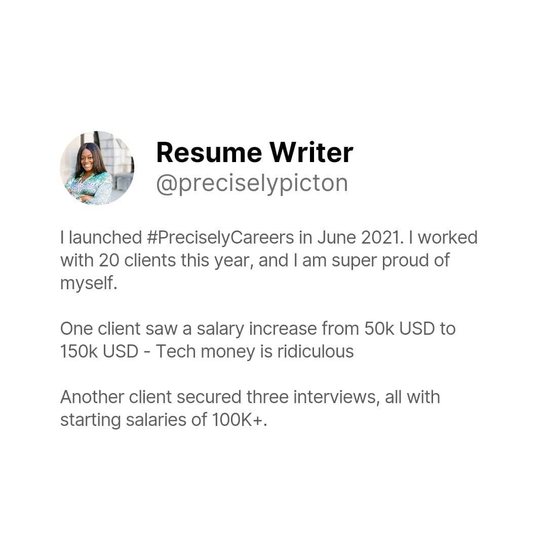 Right now, I'm eating tacos and working on my vision board for 2022. But, before the year is over, I want to congratulate myself. 👩🏾💻
Congratulations to me for launching #PrecisleyCareers ( with a lot of encouragement from others). 👸🏾👸🏾👸🏾
I also want to say thank you to my clients for trusting me enough to work with me.
See you in 2022🥳
To your continued success,
Nicole Picton
#resume #humanresouces #recruitment #hiring #jobs #hr #talent #jobhunting #careers #jobinterview #jobsearch #jobsearching #joboffer #interview #jobposting #LinkedIn #jobapplication #jobseekers #inspiringwomen #inspiringstories #womenempowerment #womennetwork #blackexcellence
#blackbusinesses
#jobsintech #jobsincanada #newcomers
#PreciselyCareers