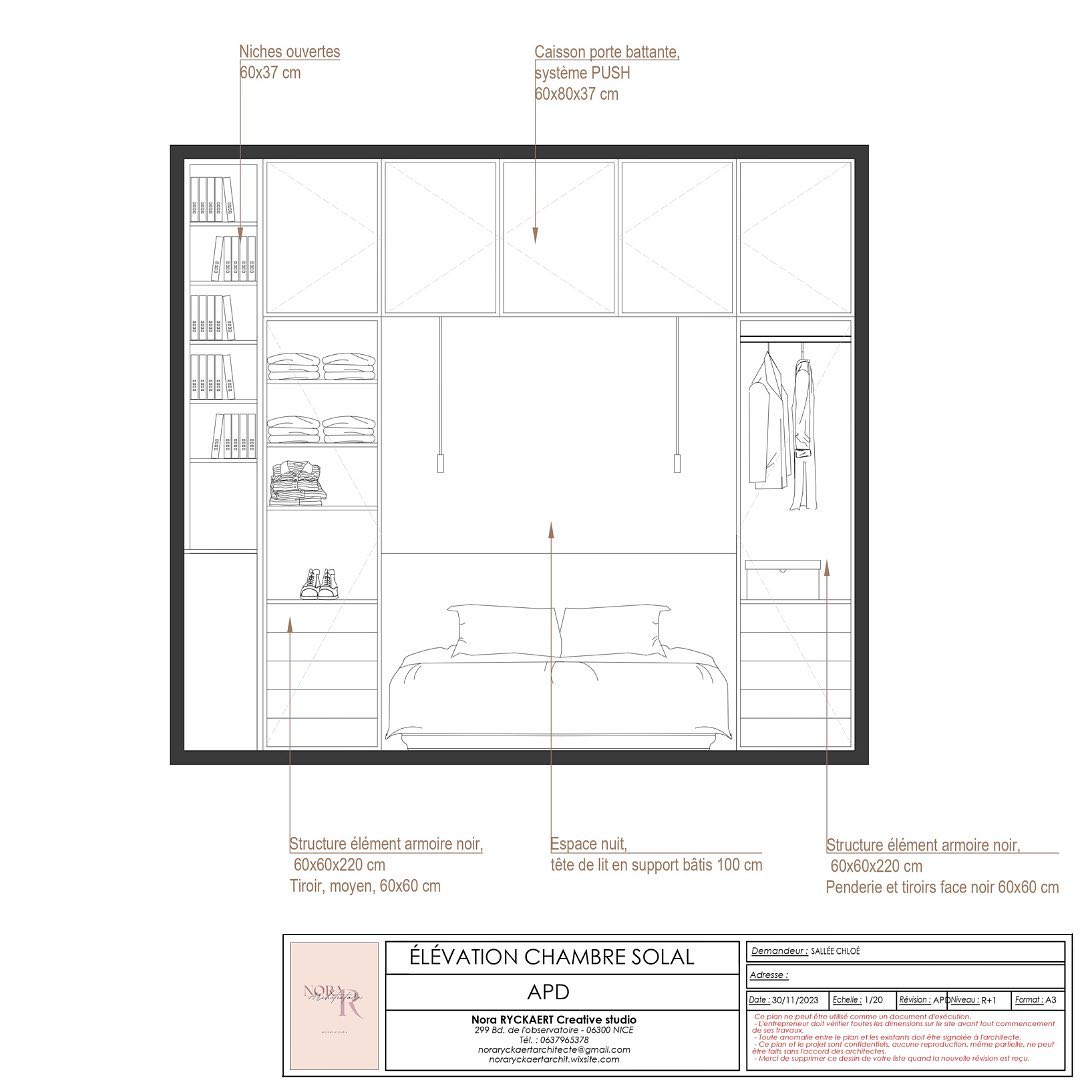 DÉTAIL
• Mise en situation d’une élévation technique sur un projet d’agencement dans une villa des années 30 à Nice.
• Chambre pour etudiant, intemporalité par le choix de la couleur primaire sur les caissons de rangements #interiordesign #architecture #apd