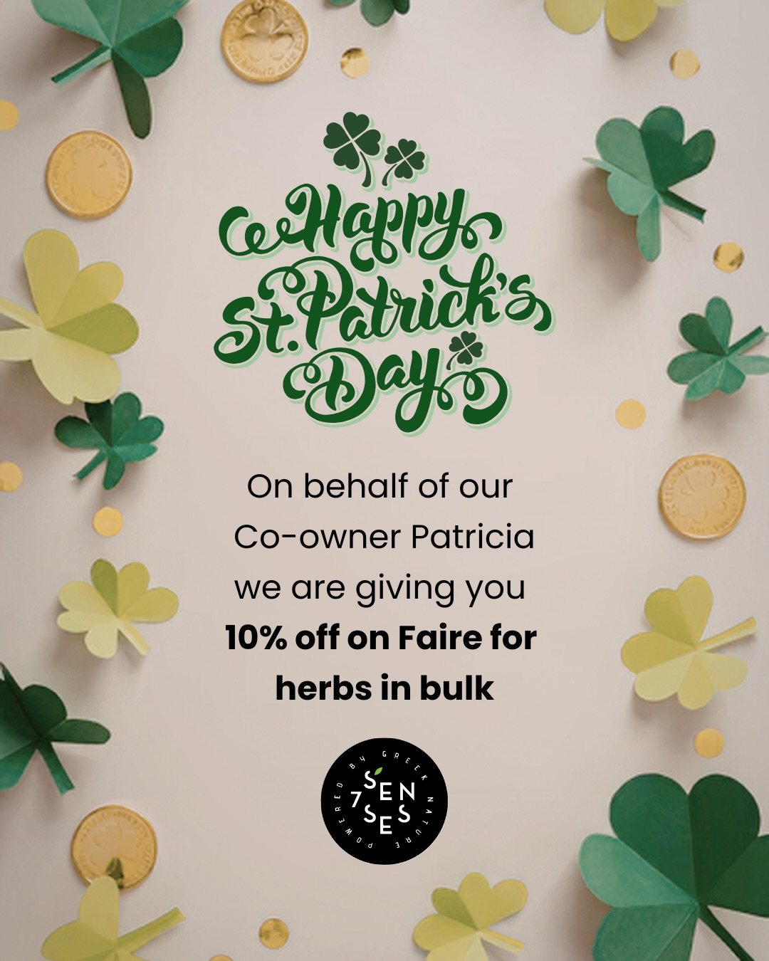 The Greek Gods Lucky week is coming your way this St. Patrick’s Day! ☘️🇬🇷
On behalf of our co-owner Patricia, we are offering 10% OFF on Faire for all herbs in bulk! This is a limited time offer, just one week, so go and stock up on bulk for spring herbal teas
#SevenSenses #StPatricksDay #BulkHerbs #FaireWholesale #GreekNature OrganicHerbs