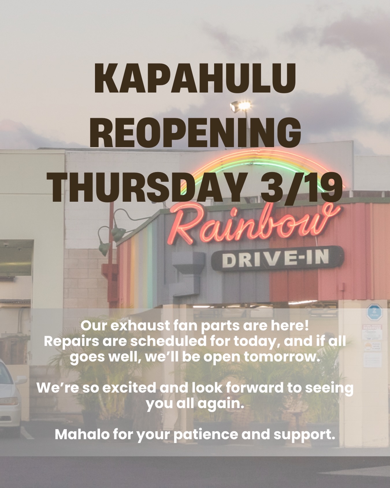 Aloha ๐บ Our exhaust fan parts have arrived and repairs are scheduled for today. If all goes well, our Kapahulu location will reopen tomorrow, Thursday 3/19 at 7 a.m.
Weโre so excited and truly appreciate all of your patience and support while we worked through this.
Stay tuned!โฆ weโll also be sharing a special reopening offer soon ๐๐