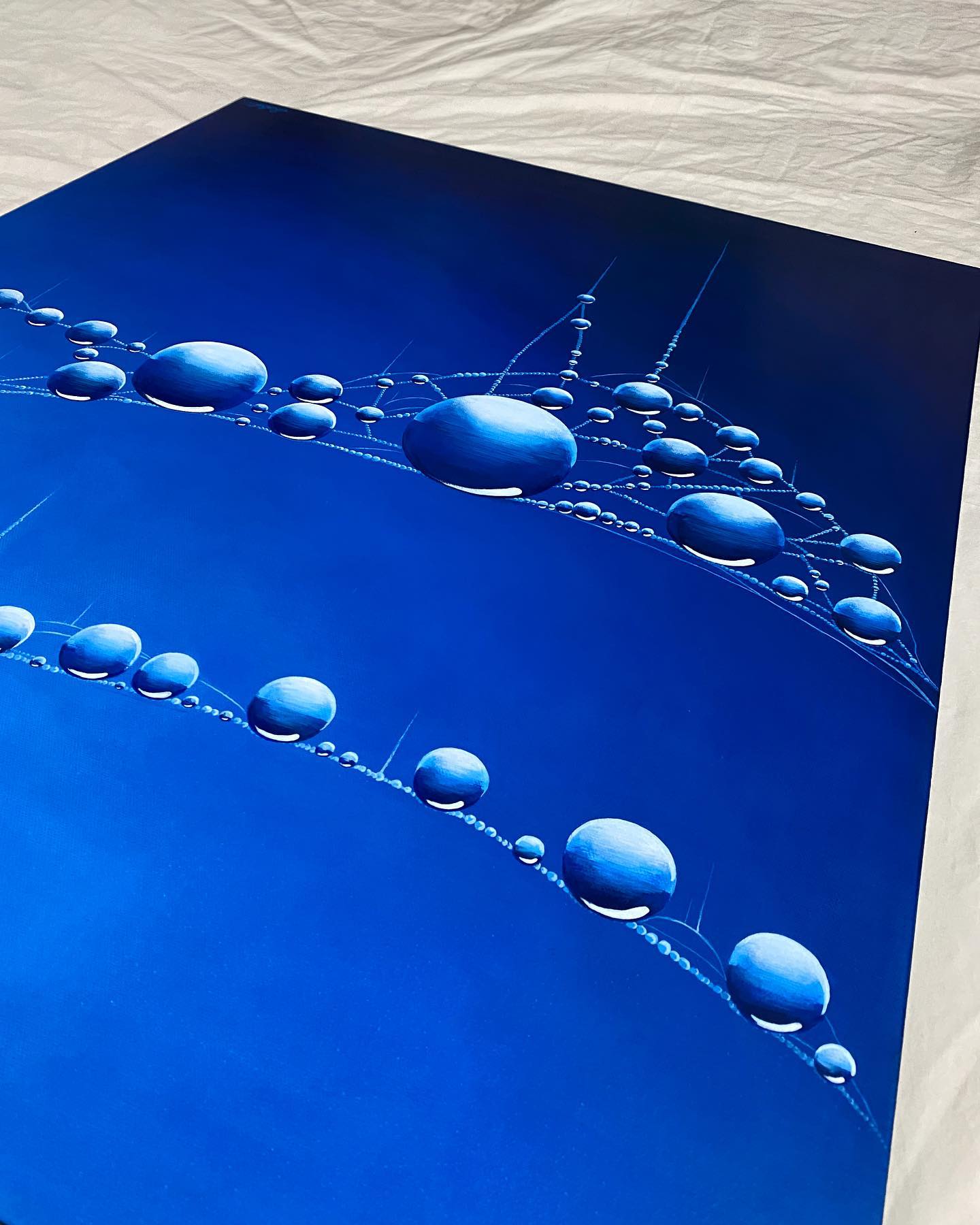 Take a look at painting #5 from my Morning Dew collection
Charlotte’s Pearls 🕷
24”x30” | Acrylic On Canvas
It’s crazy for me to think that used to be petrified of spiders. These days, I’m quite fascinated by them. I referenced macro photography of dew on spiderwebs to come up with this piece after spotting some wet webs on a morning walk. I love how they can look like jewels when wet— Mother Nature flaunting her pearls 💎
‘Doris’ ships out to Philly on Wednesday for a gallery show (info to come) and I’ll be hard at work on Megan, Bella Rose, and some fun video content this week 🌻 🌹 🎥
~Read more about my ‘Morning Dew’ collection on my website, linked in my bio~