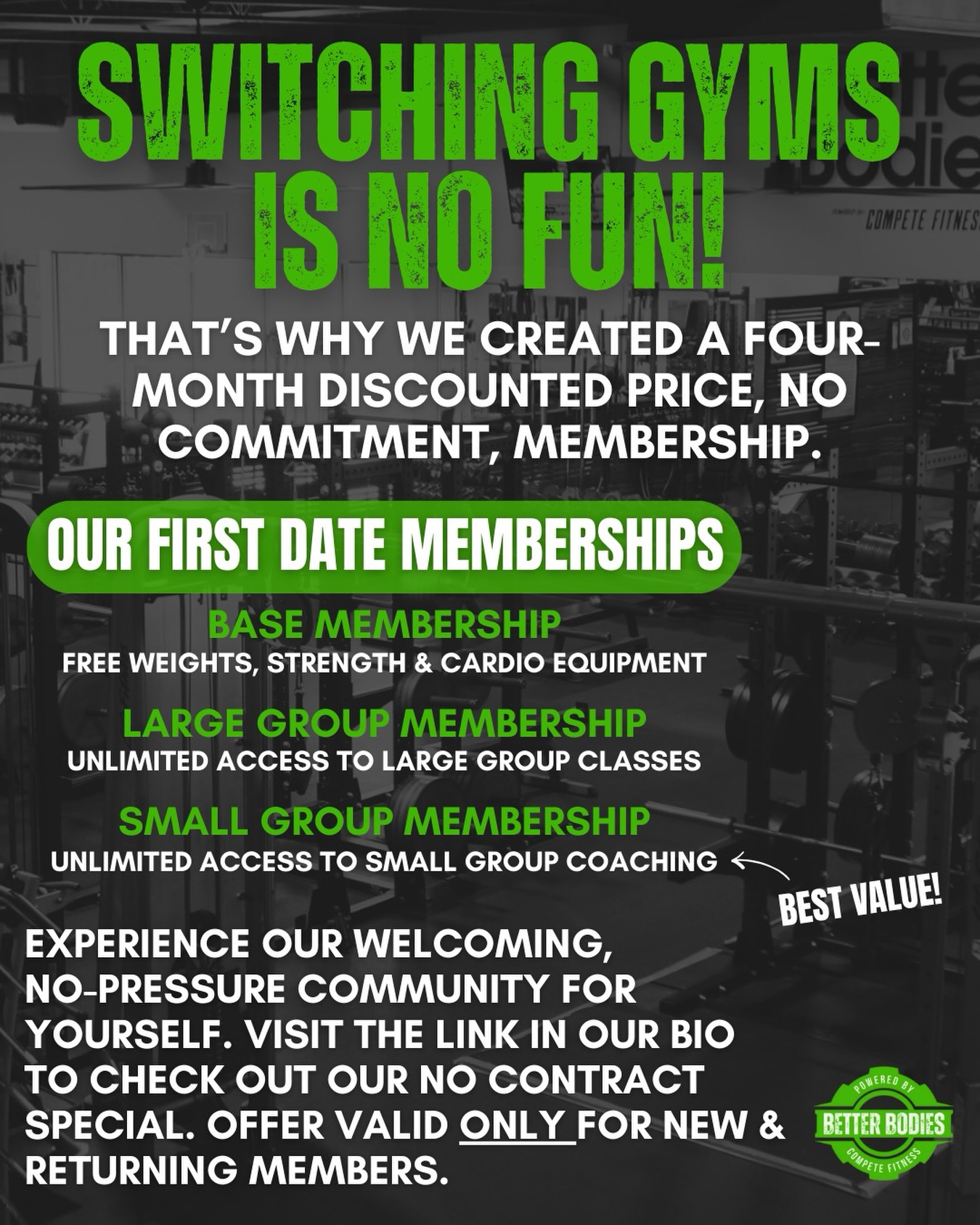 SWITCHING GYMS CAN FEEL FIRST DATE AWKWARD… so we made it a whole lot easier and fun!! 😆
At Better Bodies, you won’t feel out of place.
You’ll feel welcomed, supported, and part of something bigger than just fitness.
💚 Our First Date Memberships =
4 months to figure it out
(no commitment, no pressure, no weird vibes)
Try the workouts. Meet the people. Find your rhythm. This might just be the gym that finally sticks... 👀
Visit the link in our bio to learn more about our first date memberships. Offer valid ONLY for new and returning members. 💪
#betterbodiesomaha #omahagyms #gymtime #omahalocal #omahafitness