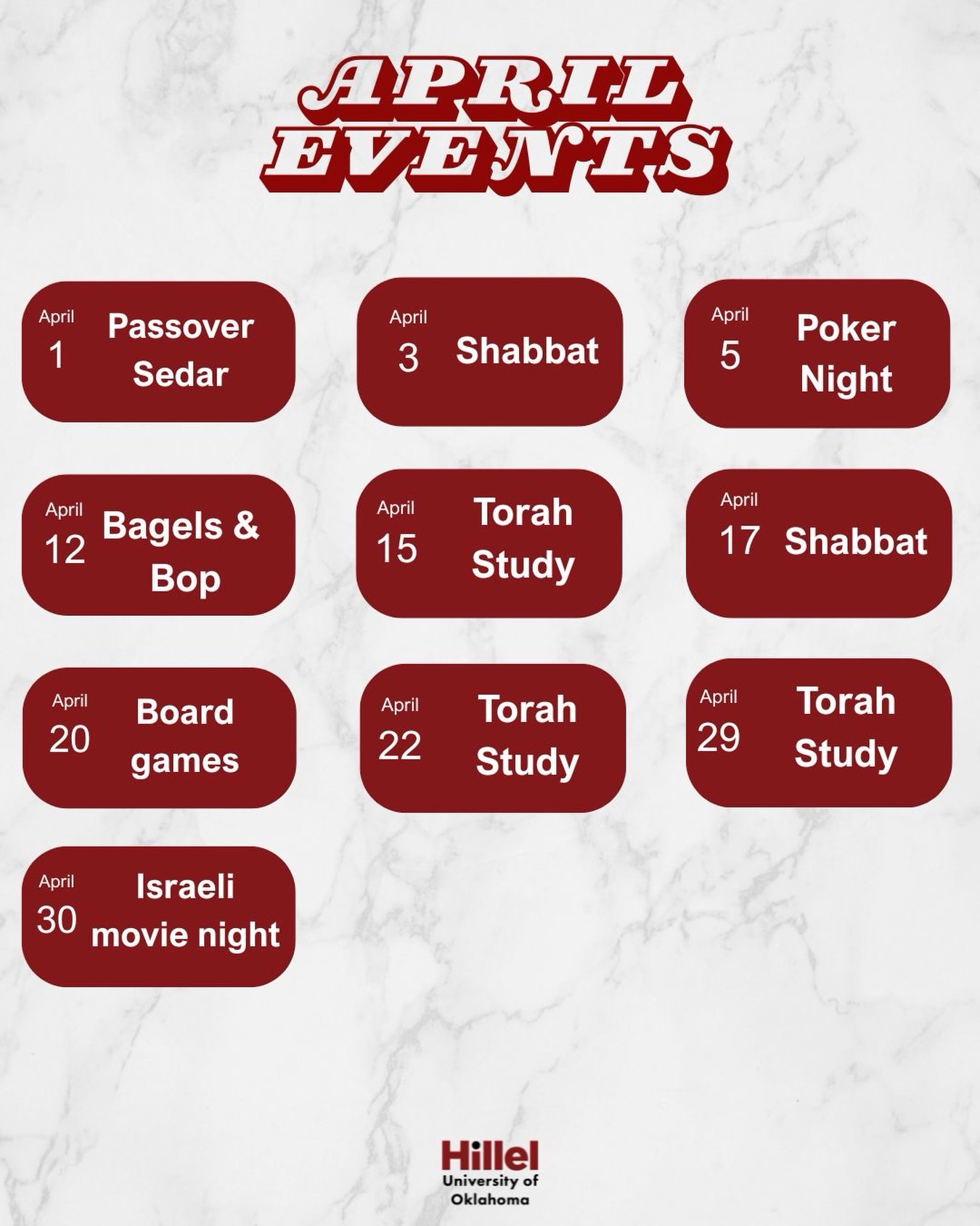 OU, April plans are officially set! Weekly schedules with times, locations, and details coming soon š„³