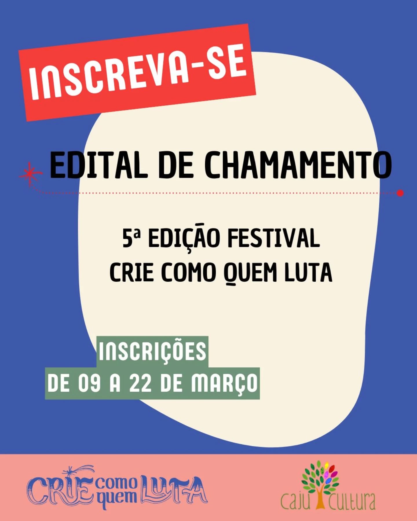 📢 ATENÇÃO, as inscrições continuam!
O edital de chamamento para o 5° Festival CRIE como quem LUTA receberá as propostas até o dia 22 de março!
Nesse ano, artistas, coletivos e grupos poderão se inscrever para participar do festival CRIE!
As propostas artísticas podem abordar diversas linguagens, como: circo, dança, música, teatro entre outras, contemplando diferentes gêneros e formatos de apresentação.
Lembramos que o CRIE acontecerá em Campinas, entre os dias 28 de agosto e 05 de setembro, e prioriza trazer para a programação mulheres em suas diversidades, realidades e desejos.
📅 Período de inscrição: 09 a 22 de março
📄 Edital completo e formulário de inscrição: https://tally.so/r/aQBQz2 (link na bio!)
Não deixe para a última hora! ✨️
#EditalAberto #ChamamentoArtístico #Festival #ArteECultura #Chamamento CRIE criecomoquemluta