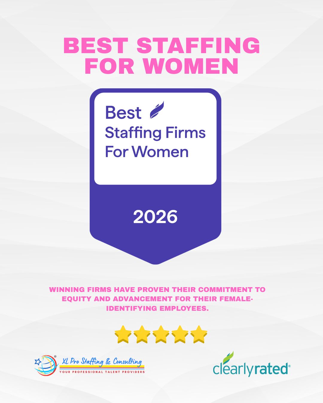 Weāre proud to be recognized as one of the Best Staffing Firms for Women 2026! š
This award reflects our commitment to creating a workplace where women feel valued, supported, and empowered to grow.
Based on feedback from our own team, and with fewer than 0.1% of staffing firms earning this recognition, this is a truly special milestone for us.
Weāre grateful for our incredible team and proud to keep building a place where everyone can thrive. š
@clearlyrated @zachpanos
#BestStaffingFirms #WomenInWorkplace #TeamCulture #StaffingIndustry