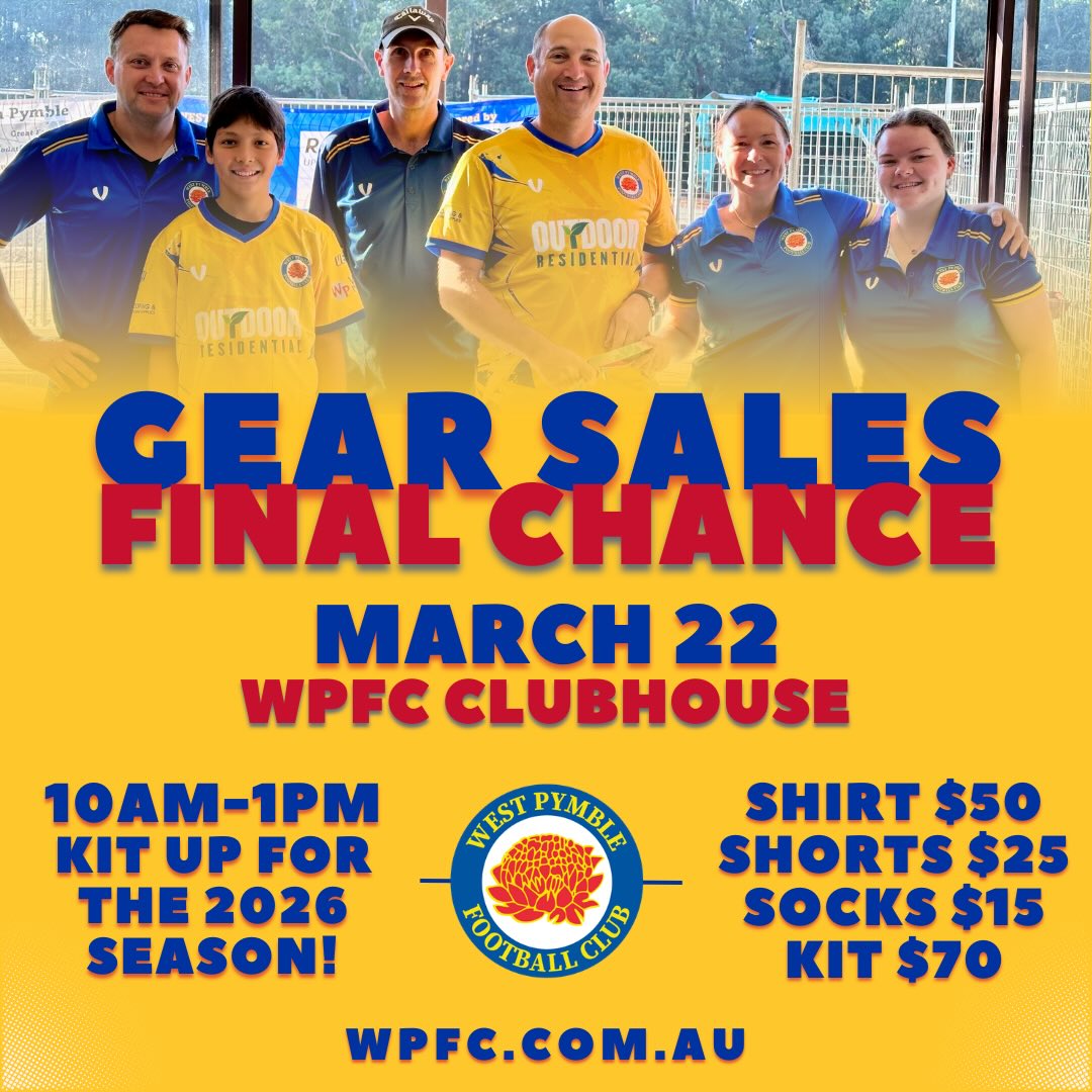 Gear Sales Final Chance is Here!! 💛💙
Come on down to the WPFC Clubhouse, this Sunday, March 22, between 10am and 1pm for Gear Sales of 2026!
We would love volunteers to help out at our gear sales - even just for a bit!
If you’d like to lend a hand and sell some gear please reach out to:
📧 Gear@wpfc.com.au
In addition to our gear sales we would love to re-start our boot swap program!
If you have an old pair of boots lying around the house that don’t fit you anymore or that you just don’t wear, we’d love if you could donate them! Bring them to the clubhouse during gear sales to donate!
Bring in your old boots and swap for a pair of new (to you!) boots! (Please ensure the boots you are donating / swapping are in good condition)
This is your final chance to come and get your gear before the season starts so don’t miss it!!
📆Sunday, March 22
⏰10am-1pm
📍WPFC Clubhouse
Best parking for access to the clubhouse is next to the community centre on Lofberg Rd.
We can’t wait to see you all, head to toe in WPFC Gear and ready for a great 2026 Season! 💛💙