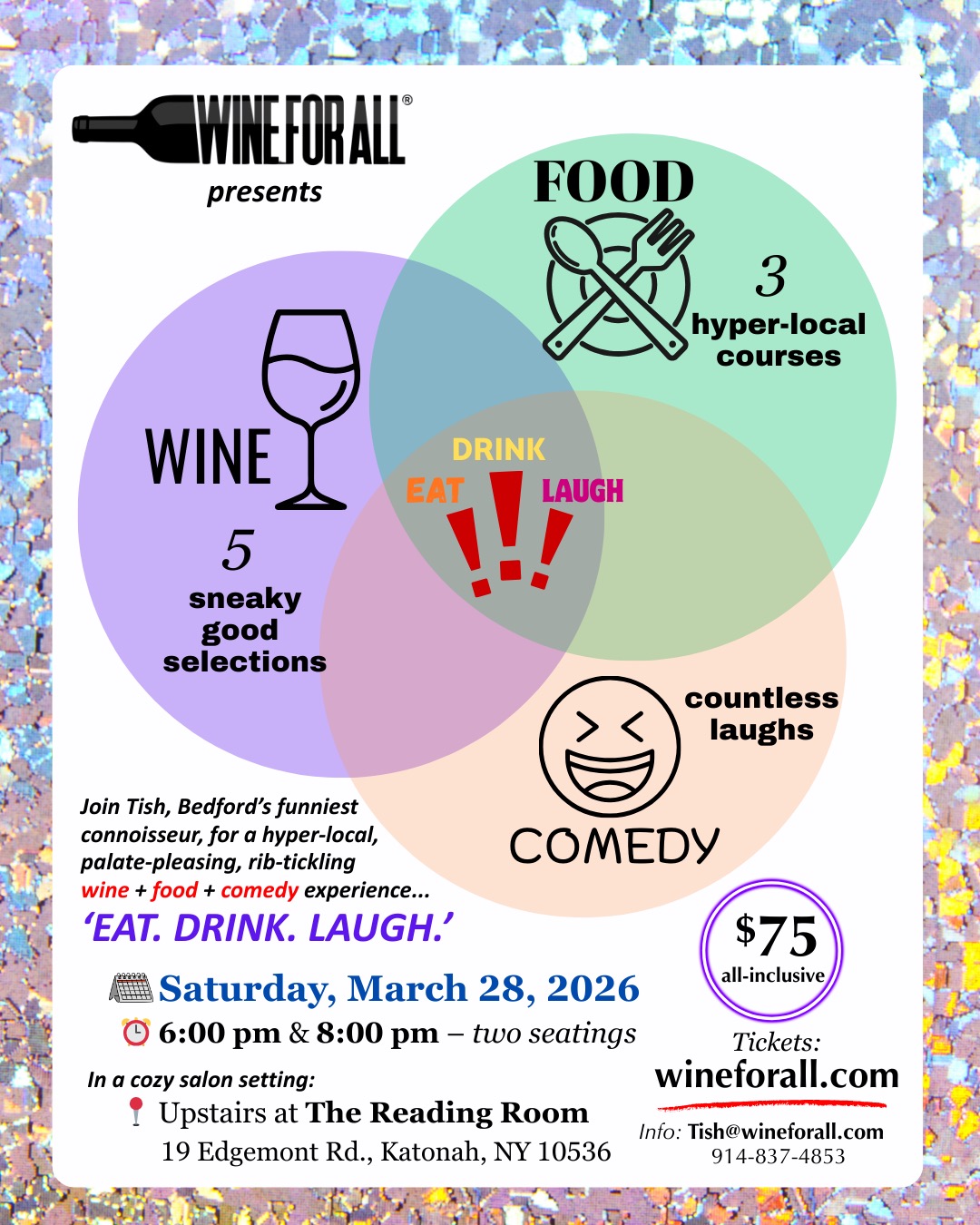 It's the mash-up you didn't know you needed! Wine+Food+Comedy at the @katonahreadingroom NEXT Saturday... Hyper-local food by @thewhitlockkatonah @amorekatonah @bakehouseonvillage and @batchcncbedford Tix at wineforall dot com. #Katonah #EatDrinkLaugh #Westchester
