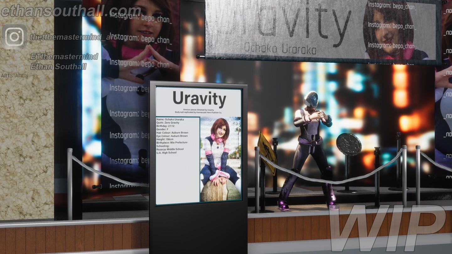It's been a while since I have posted an update on my "My Hero Academia" project, so here it is! I have decided to scale the project down in some ways and increase it in others. Initially, I was going to have roughly 7 hero suits on display during this piece, but I decided to instead do 1 hero costume with more background props more fitting to that hero, in this case, Ochako Urarka. By doing this, I could have one nice filled out display, instead of 7 more rushed displays which are near copies of each other. I could also do another hero, using the same basic template and a different, more fitting environment if I wanted to! #blender #blender3d #3dart #3dartist #substancepainter #substancedesigner #unity3d #myheroacademia #bokunoheroacademia #uraraka #ochakouraraka
Uraraka Cosplayer -> @bepo_chan_