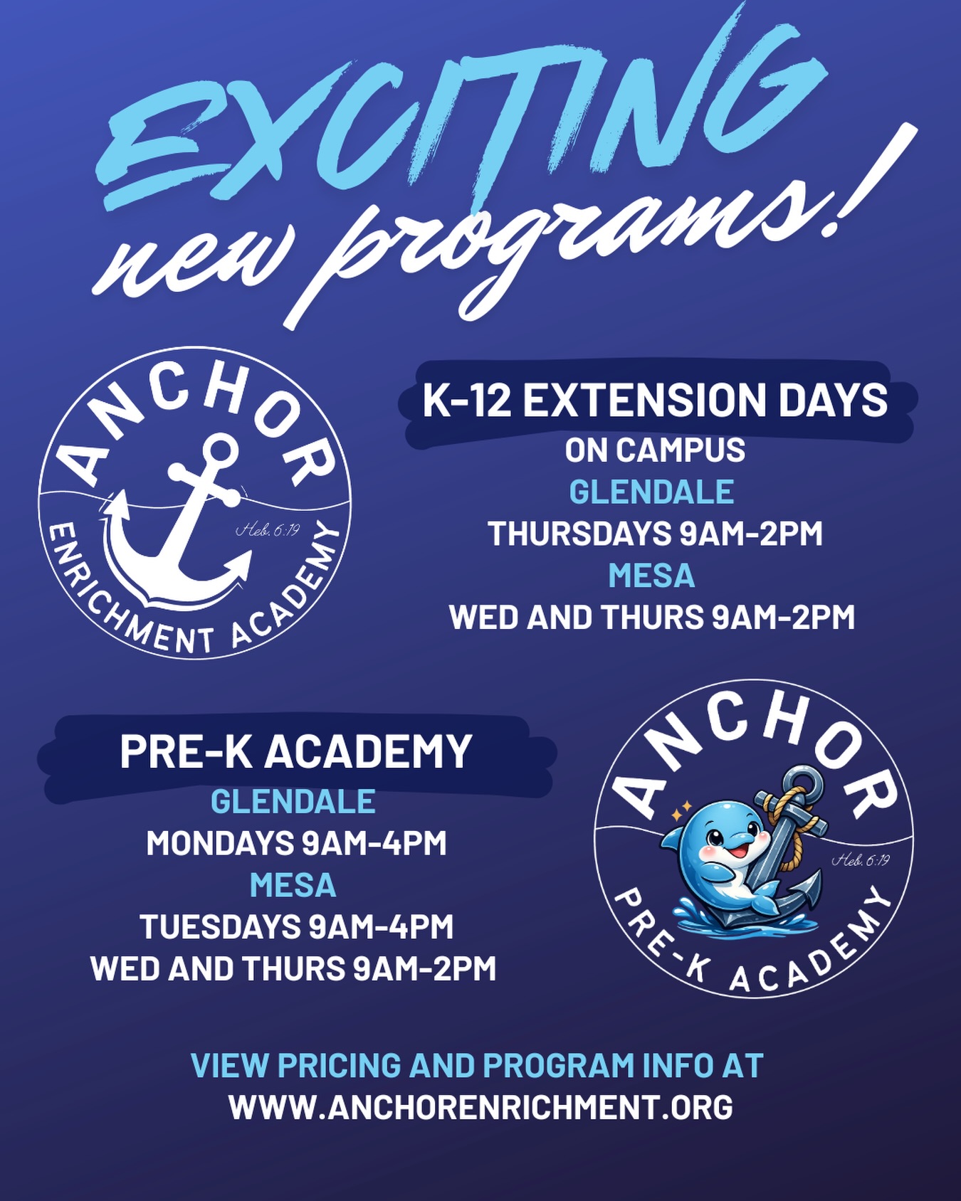BIG NEWS at Anchor! ⚓️
We’re expanding to better serve your whole crew with more days on campus and new options for our youngest learners.
✨ Anchor Extension Days are now available for all grade levels, giving families more flexibility, consistency, and time for learning and community throughout the week.
✨ Introducing Anchor Pre-K Academy for ages 3+, a joyful, intentional program designed to prepare little learners for Kindergarten with hands-on activities, early academics, and a nurturing environment.
More opportunities. More support. More reasons to love being part of Anchor. 💙
Learn more and find the right fit for your family at www.anchorenrichment.org