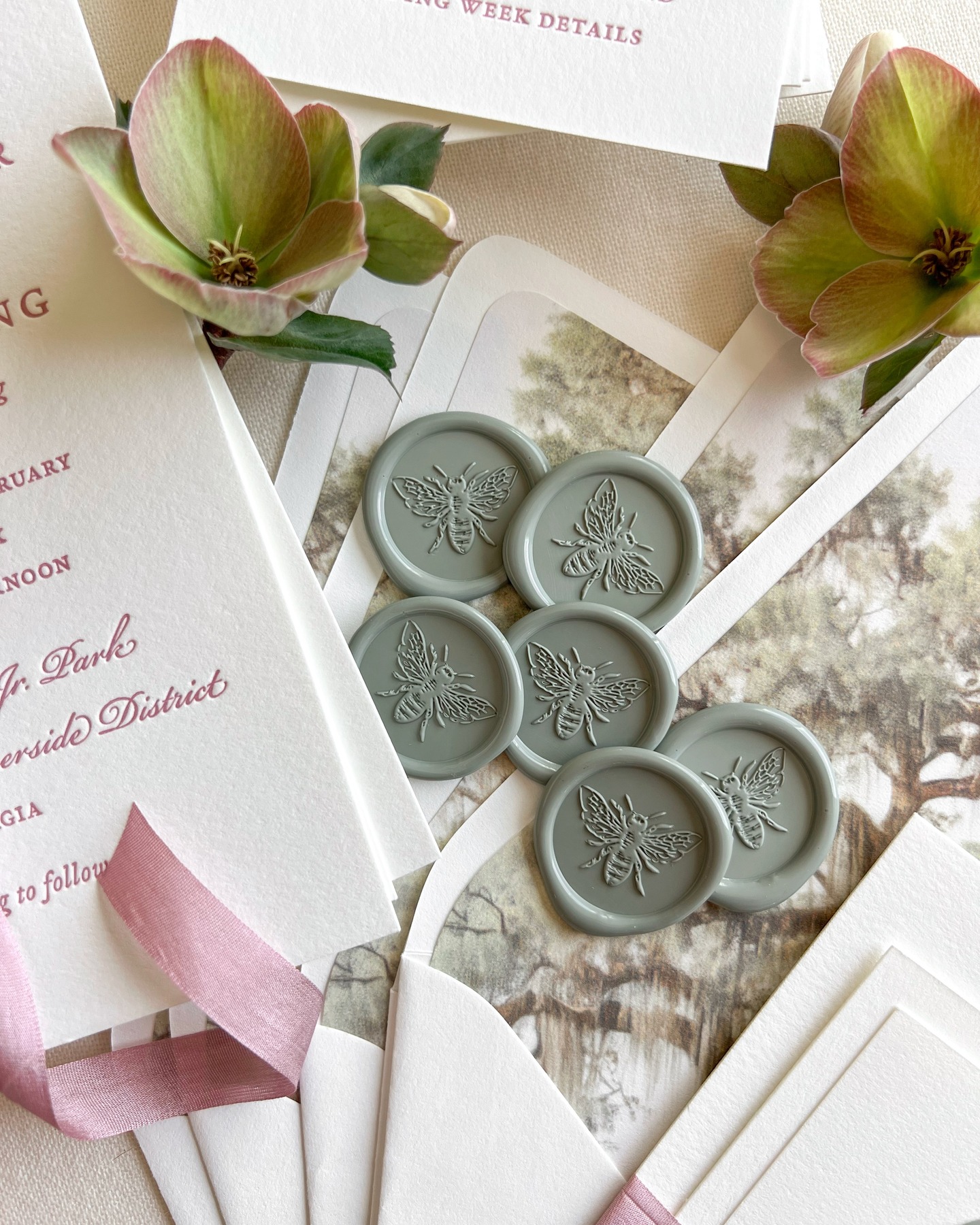Some of my favorite invitations are the ones layered with meaning, especially the details that only a few people truly understand.
For Eleanor and Adam, we wove in pieces of their story in the most personal ways. A custom bee wax seal as a nod to Savannah College of Art and Design, where they both graduated, and whose mascot is Art T. Bee 🐝
We also incorporated the live oaks. Not just as a reflection of their return to Savannah, where it all began, but a custom illustration created by the groom’s sister, making it all the more meaningful.
Those are the details that make your wedding invitations truly feel like you.
#savannahwedding #southernbride #meaningfuldetails #weddinginvitations #customweddinginvitations