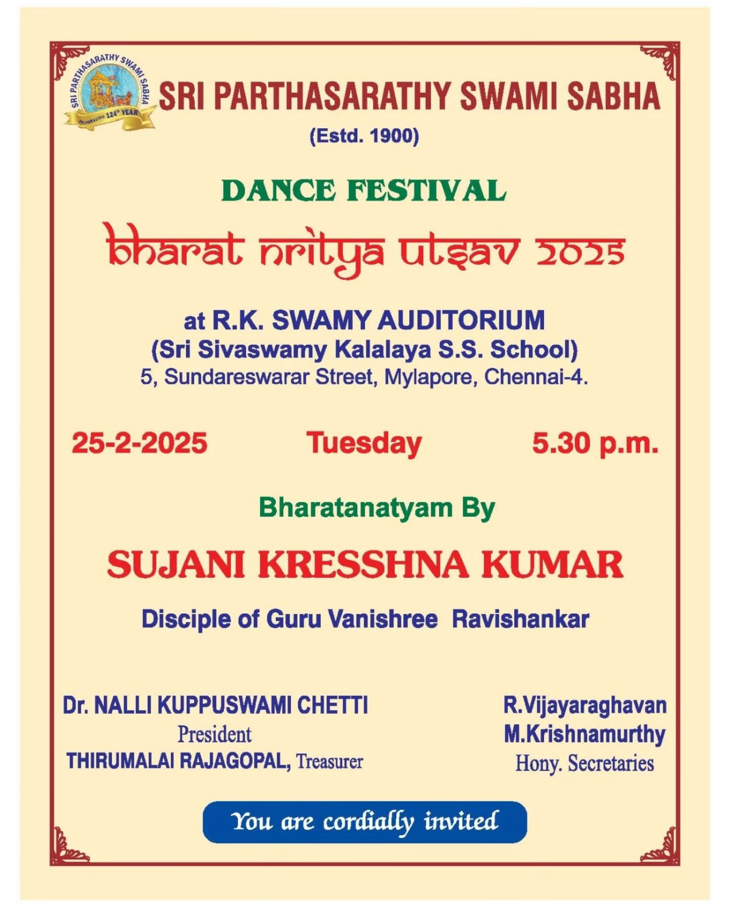Namaste, Natya Samarpanam and I, are happy to invite you to the solo Bharathanatyam recital of my student, Smt Sujani Kresshnakumar on 25th Feb 2025.
All are welcome 🙏