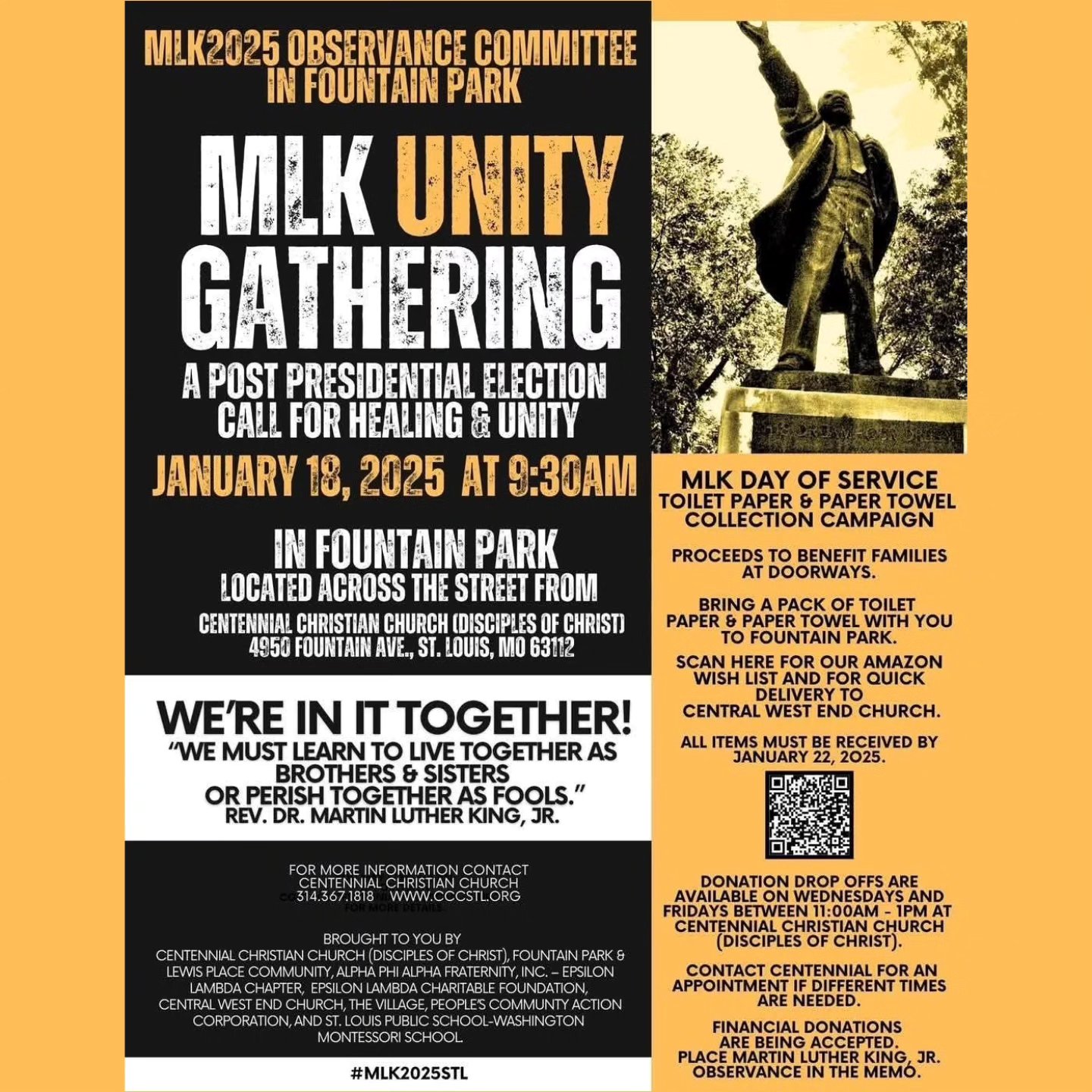 Please join the Men of Alpha Phi Alpha Fraternity, Inc. - Epsilon Lambda Chapter along with our Fountain Park Community Partners for our Annual MLK Unity Gathering and Educational Institute this Saturday, January 18th in Fountain Park and Centennial Christian Church. This will be an excellent opportunity to re-engage and re-ignite Dr. King's dream and vision of unity in our communities.
We will also be collecting paper items for our Day of Service event and donation to Doorways.
#mlk2025stl
#Stlalphas
#alphaphialpha