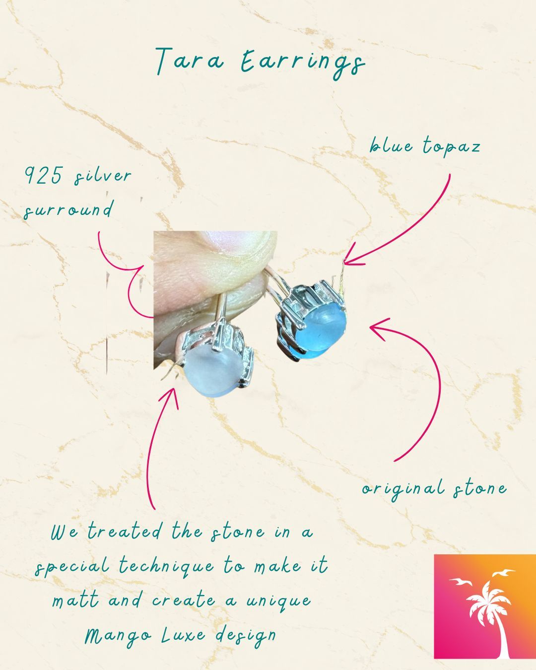 Our Tara earrings in blue topaz. We wanted to make these earring special so decided to use a technique to make the stone matt creating a stunning ice blue stone set in silver. This design mimics solitaire diamond but without the cost!