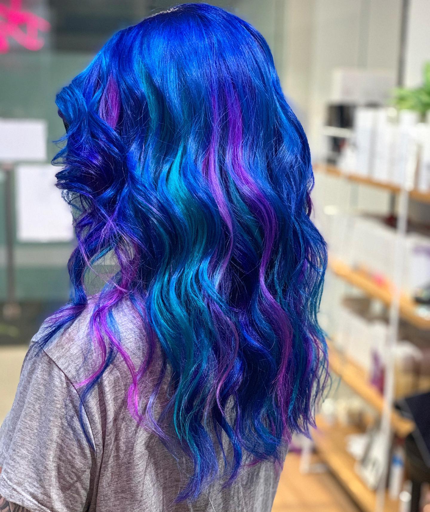 Hair transformation for @elkeiscool swipe across for before, during and another after 💙💜💚 #mermaidhair #unicornhair