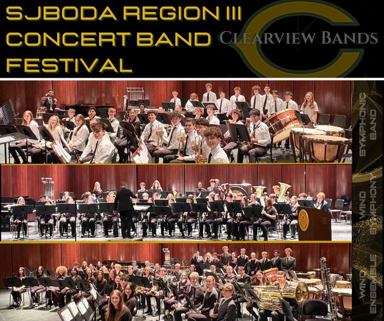 Congratulations to the Clearview Bands for their fantastic performances yesterday at the SJBODA Region III Concert Band Festival. All three bands took to the stage at Pfleeger Concert Hall on the campus of Rowan University and performed with high quality and excellent musicianship! Special shout to our student teacher Ms. Melanie Shultz, who made her High School conducting debut with the Symphonic Band!
The Wind Ensemble placed First Overall at the festival, receiving top marks from both adjudicators. The Wind Symphony placed Second Overall. Both the Wind Ensemble and the Wind Symphony qualify for the New Jersey State Band Gala in April at William Paterson University.
Finally, best of luck to Palmyra and Southern Regional, who will also be performing at the State Gala in April! Congratulations to all!