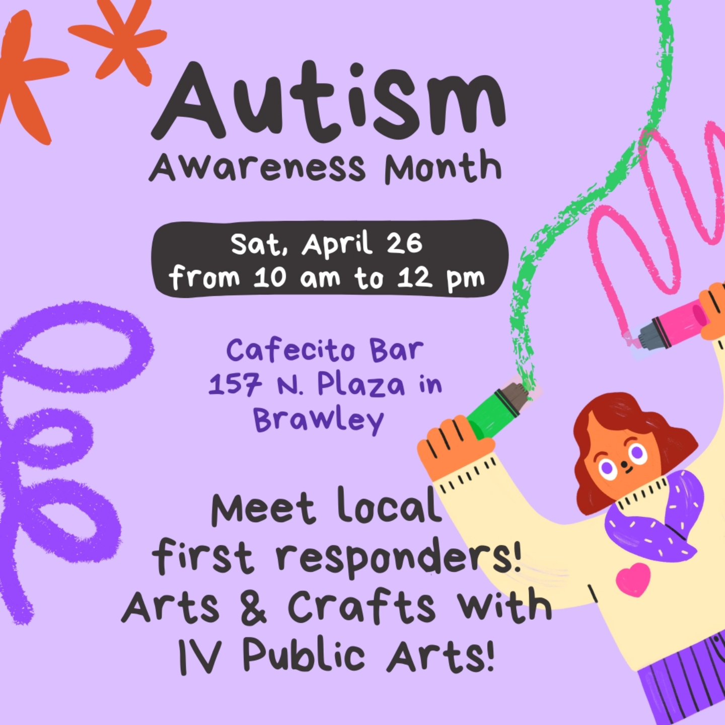 Join us this Saturday, April 26th, at Cafecito Bar in Brawley, 157 N. Plaza, to honor Autism Awareness Month.
Meet local responders and join the IV Public Arts booth for rock painting and other crafts! And take a selfie with our butterfly mural!
We love our community and are grateful for all volunteers putting this together!
Thank you @mariadominguez4402 and @cafecitobar23!
See you there!
#autismawareness
#autismacceptancemonth
#autismlove
#autismsupport
#artischange
#artfundraiser
#artforchange
#ArtMatters