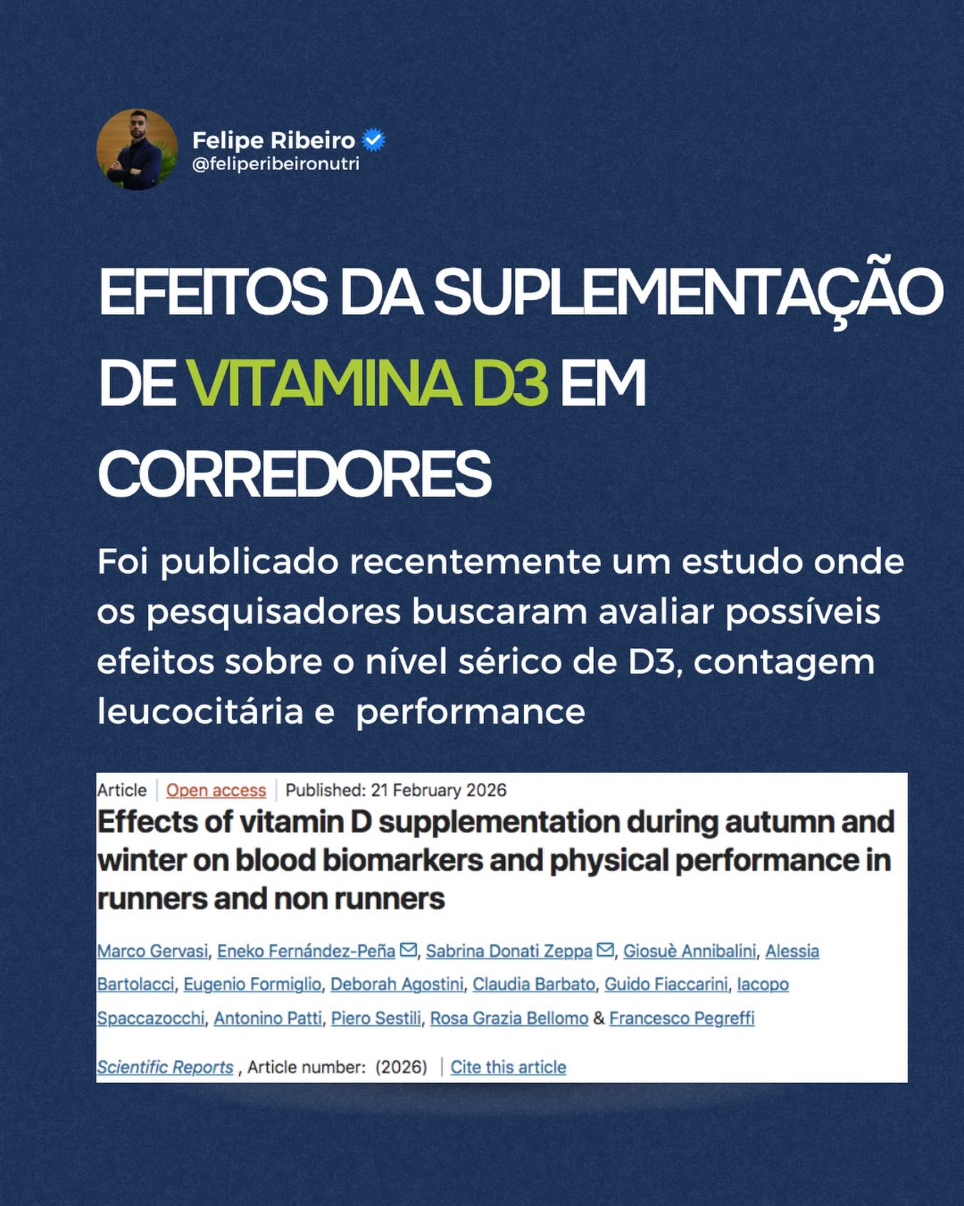 Pesquisadores investigaram se a suplementação de 2000 UI/dia de vitamina D3 (ou controle) por 8 semanas, poderia ter efeitos sobre o nível sérico de D3, contagem leucocitária e parâmetros de performance de corredores recreacionais e não corredores.
O estudo foi conduzido na Itália durante o outono e inverno (menor exposição solar) e houve ainda o follow-up de 12 semanas após a interrupção, para verificação da manutenção dos possíveis efeitos da suplementação. O nível médio de 25(OH)D₃ pré-intervenção nos corredores era de 30 ng/ml.
🔬 Principais achados:
• A suplementação aumentou significativamente os níveis de 25(OH)D₃ em corredores e não corredores (+ 5 ng/ml em média)
• No grupo controle, houve queda importante da vitamina D ( -8 ng/ml em média), reforçando a influência sazonal nos níveis de 25(OH)D₃.
Sistema imune:
• Durante a intervenção, a suplementação de D3 foi associada à melhora na contagem total de leucócitos e neutrófilos, indicando perfil imune mais estável
Performance:
• Sem melhora no VO₂max
• Discreta tendência de melhora na força isométrica máxima
E após 12 semanas sem suplementação?
• Os níveis de vitamina D voltaram a cair significativamente em todos os grupos
Portanto, assim como abordei nos últimos Endupills no Minuto com o Nutri Podcast, onde fiz uma série com episódios sobre vitamina D, a suplementação de vitamina D3 pode ser uma estratégia importante para fortalecer a imunidade durante os meses de outono e inverno, tanto para atletas quanto para não atletas. O fato de o desempenho não ser diretamente afetado (ergogênico direto) não significa que essa estratégia não seja benéfica para manter a disponibilidade para treinar, o que gosto de chamar de efeito ergogênico indireto.
Logo, a vitamina D parece atuar mais como suporte ao sistema imune, do que como um ergogênico direto, assim, fundamental para manter o atleta funcional, saudável e treinando de forma consistente, especialmente em períodos de menor exposição solar. Se você quise o pre-print do artigo na íntegra, enviarei no meu canal Beyond the Carbs (link na bio)