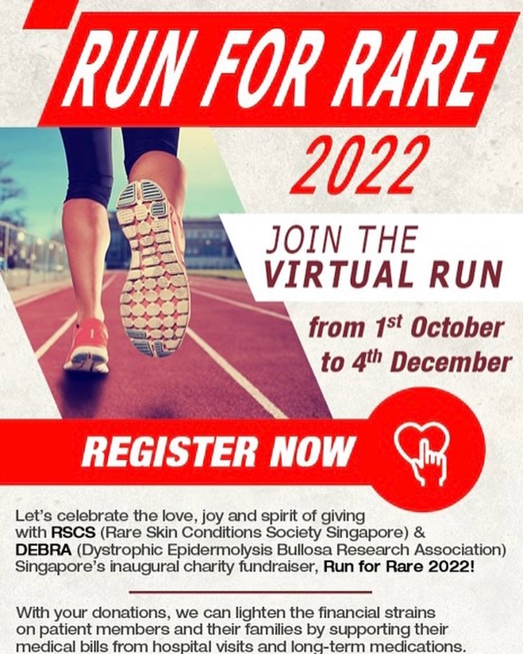 Hi π Come join us in raising awareness (and funds) for those with rare skin conditions! Donate *any amount* to register and run/walk/cycle/blade! πββοΈπΆββοΈπ²πΌ Use code O 0016L (team debra) or sign up as an individual! And don't forget to reserve your tickets for the Fun Day on December 3rd at 9am (first 100 participants get a fabulous goody bag with exciting skin care products!!π)
Step up to help support those with rare skin conditions in Singapore!!π₯³β€οΈ