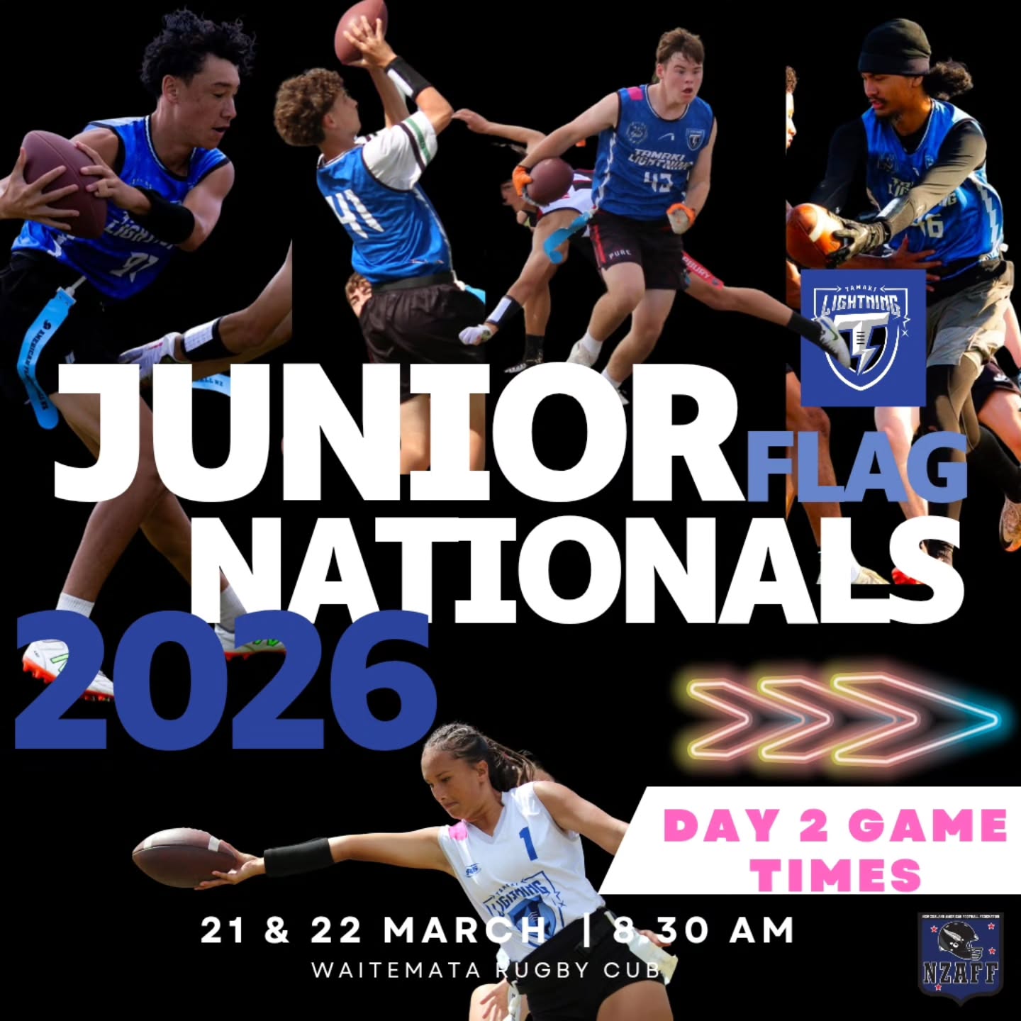 Day 2 of the Junior flag nationals is about to get started and we are sure we will have a jammed pack day heading towards semifinals and finals. So far our games are scheduled for:
U15 Girls 10.30am and 12.40pm
U15 Boys semi final @ 9.30am
U20 Men @ 8.30am
Come down and give the team some support.