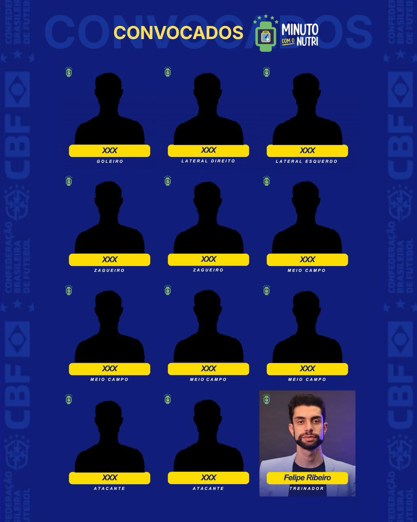 Um dos assuntos mais discutidos no Brasil no ano de 2026: será que o jogador (a) X será convocado? Quem estará na lista final e irá nos representar na Copa do mundo?
E apenas no Minuto com o Nutri, a lista oficial será divulgada antes mesmo do Mister Ancellotti comunicar oficialmente a imprensa: mas calma que não é está lista de jogadores que você está pensando.
Na próxima terça-feira dia 23/03, divulgarei a convocação oficial da quarta temporada do Minuto com o Nutri Podcast. Onde você saberá quem irá compor o time do Minuto com o Nutri neste ano, posição que atuará, tema que defenderá e muito mais.
E como sempre, toda segunda-feira às 6h novos episódios (partidas) são postados no Minuto com Nutri Podcast no Spotify.
Quem serão os convocados (as)?
A lista sairá aqui no Instagram na próxima terça e a primeira partida (episódio) com um convocado, vai ao ar já no dia 30/03: Nutrição e Suplementação da ciência para a sua prática, de modo leve, prático e direto ao ponto, no Minuto com o Nutri Podcast.