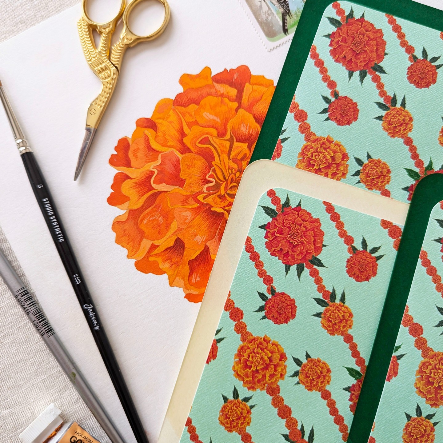 Immerse yourself in the rich tapestry of Indian culture with this exquisite hand-painted envelope liner. Featuring a vibrant pattern of radiant marigolds in warm orange hues, delicately adorned with lush green leaves, this liner is perfect for adding a touch of modern opulence to your Indian wedding or celebration.
#indianwedding
#indianweddinginvitation
#modernindianweddings
#modernindianweddinginvitations
#marigoldflower
#indianenvelopes
#indianweddingenvelopes
#marigoldflower
#indianweddingstationery
#envelopeliners
#luxuryenvelopes