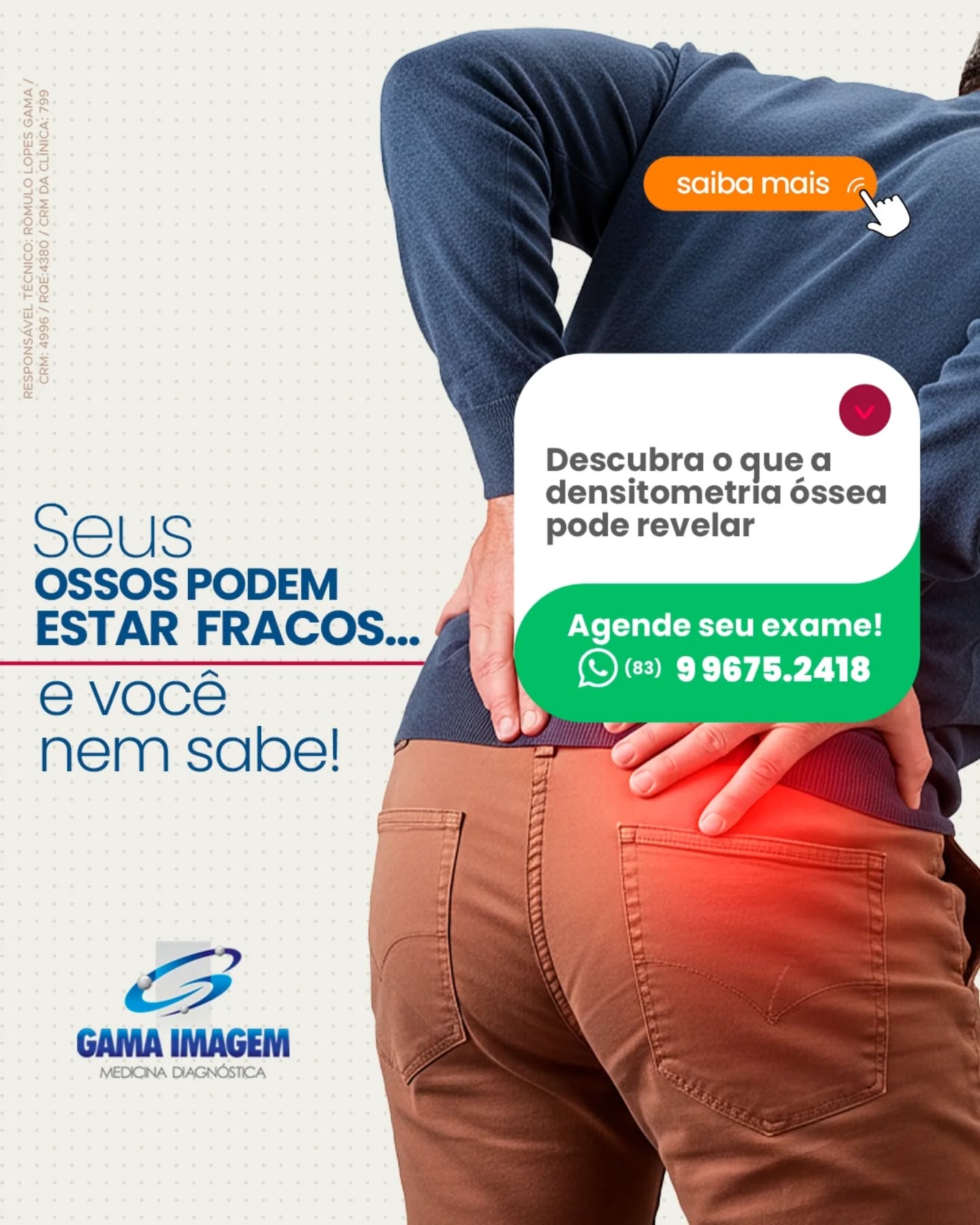 Seus ossos podem estar enfraquecendo sem dar sinais… e a densitometria óssea é o exame que revela isso antes que aconteça uma fratura.
Doenças como Osteoporose e Osteopenia são silenciosas, mas podem ser diagnosticadas de forma simples e rápida.
Prevenção é sempre o melhor caminho.