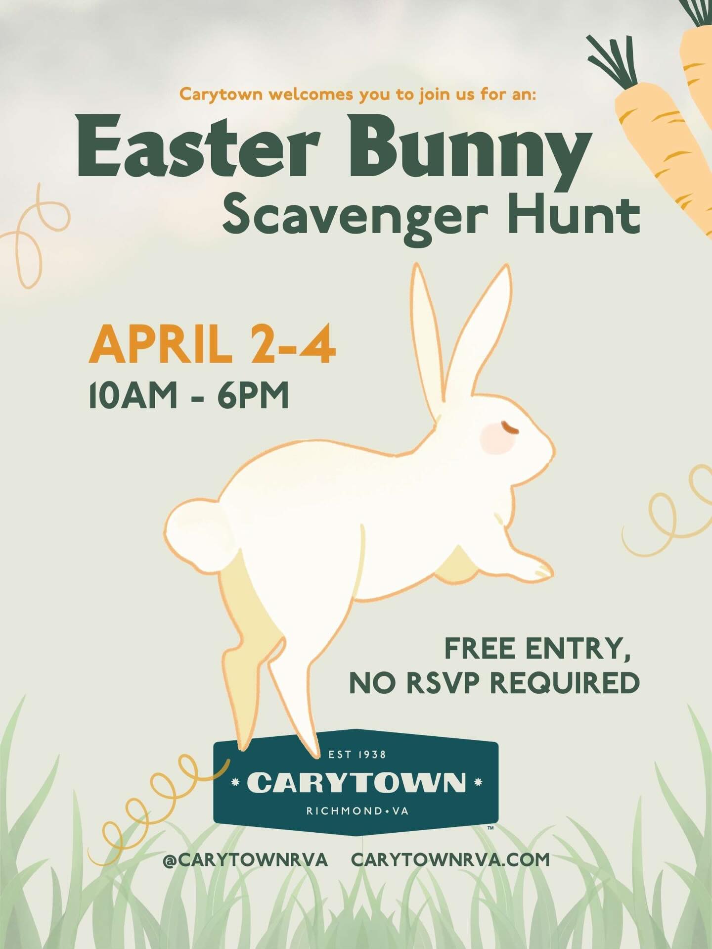 Hop into the Easter spirit with the Carytown Easter Scavenger Hunt! Explore participating stores to find the hidden Easter Bunny. Once you spot it, head to the counter to get your map signed.š°
How it works:
-Visit 10 stores for 1 entry.
-Visit 15 stores for 3 entries.
-Visit ALL 20 stores for 8 entries!!
Complete the required stops for raffle entry, fill out your contact information, and drop off your map at one of the designated locations listed on your map.
Participating businesses are:
- @alternativesboutique
- @beastiesrva
- @plan9music
- @minglewoodbakeshop
- @evrichmond
- @fullcircle.rva
- @homesweethomerva
- @burgerbach
- @dogmarva
- @worldofmirth
- @ladlesandlinenskitchenshoppe
- @black_rabbit_tattoo
- @fuelpumprva
- @warbyparker
- @point5rva
- @bygonesvintage
- @ashbyrva
- @cloverkids_rva
- @forloveofchoc
- @spiceandtea.richmond
Grand prize winner will receive gift card bundle totaling to at least $400 to these participating businesses.
