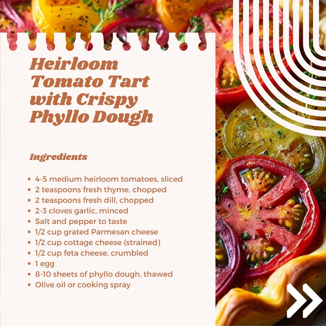 I believe in creating fresh, sustainable, and authentic content for my clients, I also value the same principles in my kitchen!
Today, I'm sharing a delicious recipe that embodies this philosophy:
🍅Heirloom Tomato Tart with Phyllo Dough!🍅
Here's how you can make it at home:
Ingredients:
4 medium heirloom tomatoes, sliced
2 teaspoons fresh thyme, chopped
2 teaspoons fresh dill, chopped
2-3 cloves garlic, minced
Salt and pepper to taste
1/2 cup grated Parmesan cheese
1/2 cup cottage cheese (strain off whey)
1/2 cup of feta cheese, crumbled
1 egg
8-10 sheets of phyllo dough, thawed
Olive oil or avocado oil cooking spray
Instructions:
Prepare the Tomatoes:
Slice the heirloom tomatoes and place them on a paper towel to drain some of their moisture. Sprinkle with a little salt and let them sit for about 15 minutes. Pat them dry with another bit of the towel.
2. Preheat your oven to 375°F
3. Unroll the phyllo dough
4. Lightly grease a tart pan with olive oil or cooking spray.
5. Place one sheet of phyllo dough in the tart pan and lightly brush it with olive oil or spray with cooking spray.
6. Place another sheet of phyllo dough on top, brush with olive oil, or spray again.
Repeat this process until you've layered 8-10 sheets, ensuring each sheet is lightly oiled. This will create a sturdy crust.
7. Trim any excess dough that hangs over the edges of the pan.
8. In a bowl, add cheese, minced garlic, chopped thyme, and chopped dill. Add salt and pepper to taste.
9. Crack the egg into the mixture and stir until well combined.
10. Spread the cheese and herb mixture evenly over the phyllo dough.
11. Arrange the tomato slices on top of the cheese mixture in a circular
pattern, slightly overlapping them.
12. Drizzle with oil- enjoy!
13. Place the tart in the preheated oven and bake for about 25-30 minutes until the phyllo is golden brown and crispy and the tomatoes are tender.
14. If the edges of the phyllo start to brown too quickly, cover them with aluminum foil to prevent burning.
#Greeninkcopywriting #RecipeShare #HeirloomTomatoTart #LocalFood #SustainableLiving #tomatorecipe
