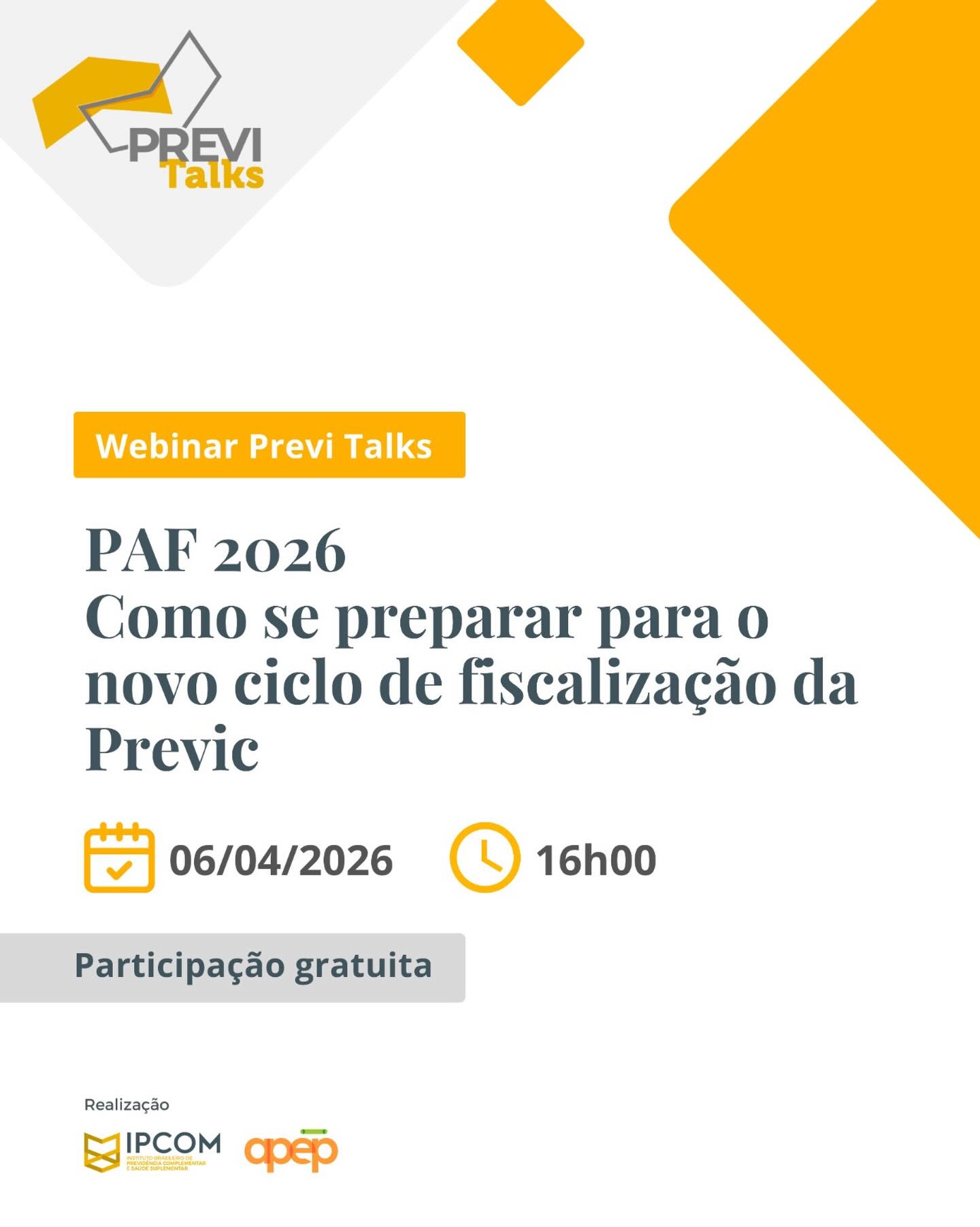 As inscrições para o nosso webinar gratuito sobre o Programa de Fiscalização e Monitoramento da Previc (PAF 2026) já estão abertas!
O objetivo deste encontro é analisar de forma prática as prioridades de supervisão da Previc para o próximo ciclo, ajudando as entidades a alinharem seus processos de governança e gestão de riscos às novas expectativas da autarquia.
O que será discutido:
-Os principais eixos de atenção da Previc para 2026.
-Boas práticas de governança e conformidade.
-Preparação técnica para o monitoramento e fiscalização.
Programe-se e participe:
🗓 Data: 06 de abril
⏰ Horário: 16h
🔗 Link para inscrição no perfil.
#IPCOM #Previc #PAF2026 #PrevidênciaComplementar #GestãoDeRiscos Webinar PreviTalks