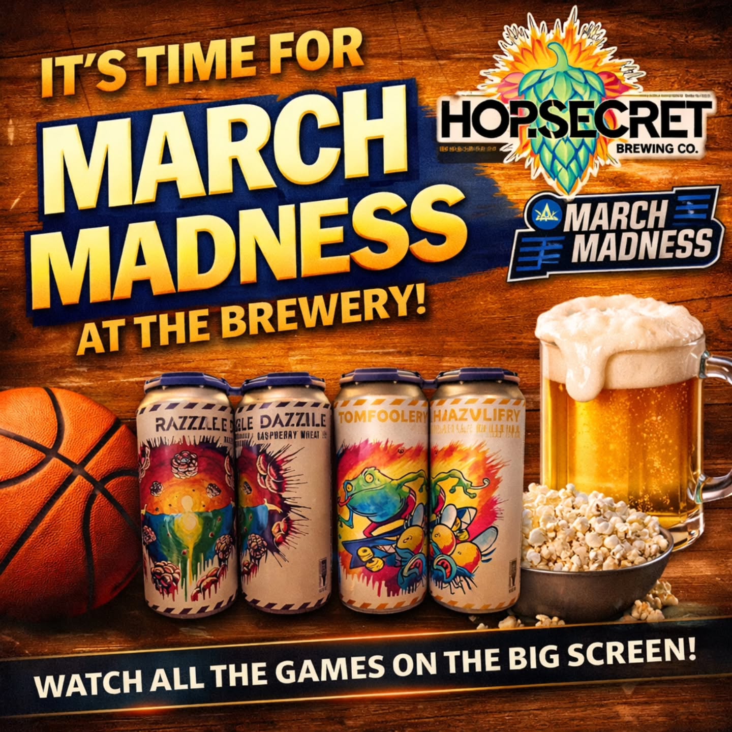 🏀 March Madness is ON at Hop Secret 🍻
Catch every game on the big screen
Cold beers flowing + popcorn ready 🍿
Grab a pint, post up, and ride the madness with us.
📍 Taproom vibes all tournament long
🍺 Fresh pours + cans available
Who you got winning it all? 👇
#MarchMadness #HopSecret #DrinkLocal #CraftBeer #GameDay Monrovia BasketballAndBeer