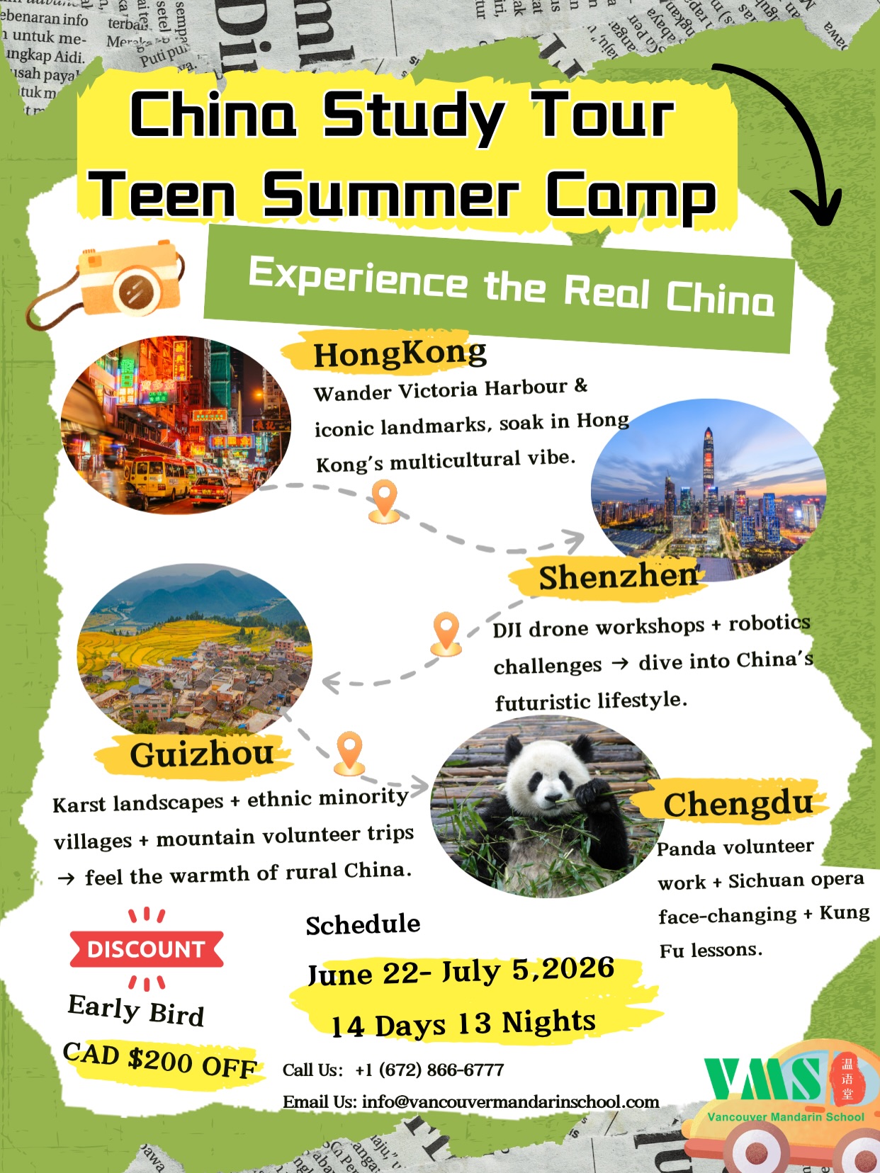 ✨ 2026 China Study Tour : 14 Days to Fall in Love with China ✨Calling all teen adventurers (Age 12-18)! This summer, trade textbooks for real-world wonder and discover a China that’s alive, dynamic, and full of surprises.
🌆 Hong Kong: Wander neon-lit streets, sail Victoria Harbour, and taste the energy of a city where East meets West.🤖 Shenzhen: Build drones, code robots, and see how China’s tech capital shapes the future.🏔️ Guizhou: Hike dramatic karst mountains, live with ethnic minority communities, and volunteer to touch the heart of rural China.🐼 Chengdu: Volunteer with giant pandas, gasp at Sichuan opera face-changing, and learn kung fu from local masters.
📅 Dates: June 22 – July 5, 2026🎁 Early Bird Special: CAD$200 OFF (limited spots—don’t miss out!)📞 Secure your spot: +1 (672) 866-6777; Hosted by 🇨🇦Vancouver Mandarin School (VMS)X🇨🇳Go World Education #mandarinimmersion #ChinaTrip2026#studytour #PandaVolunteering #summercampchina