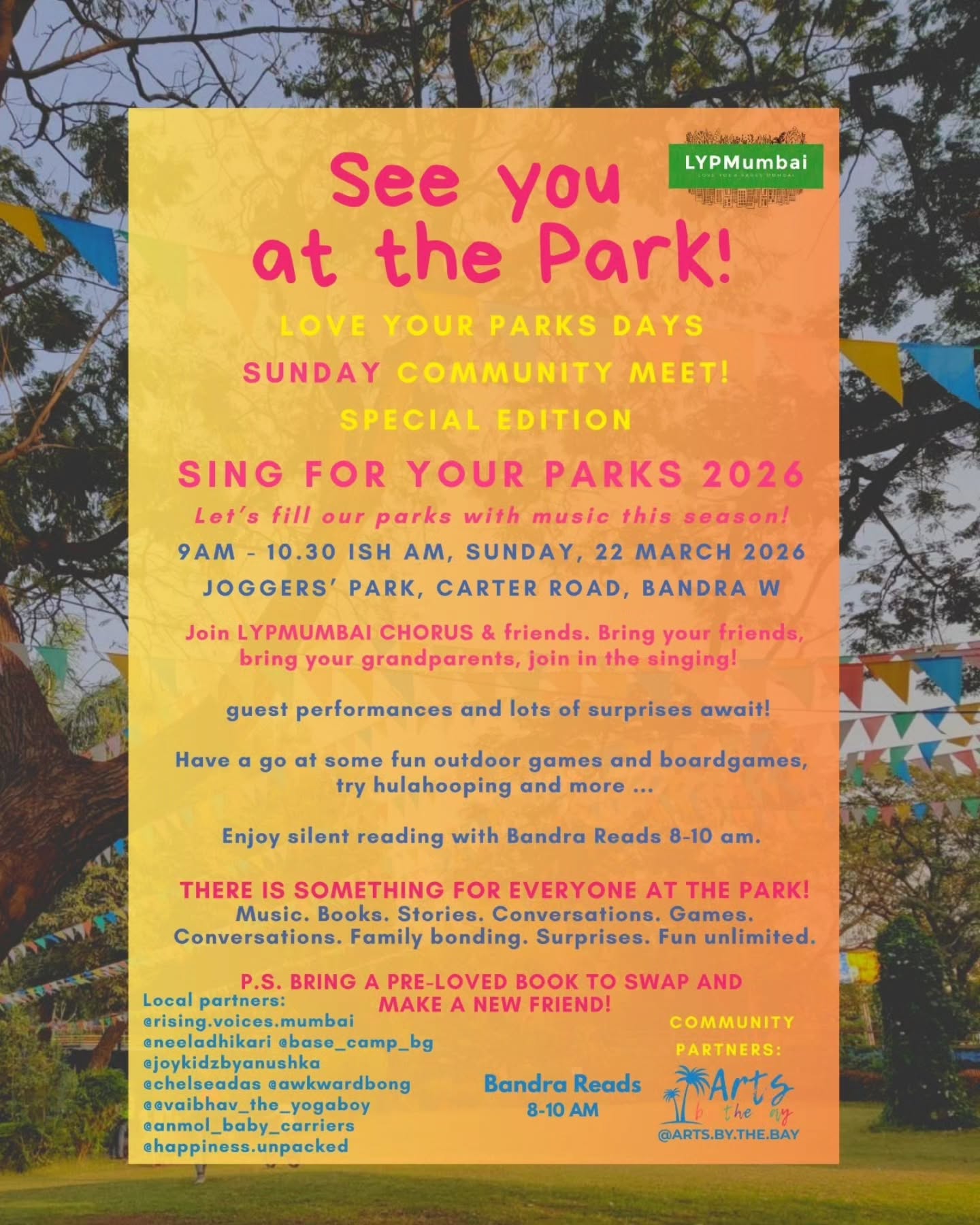 🌿Find us at the park this Sunday, 22 March 2026!
Join the LYPMumbai Chorus & friends for a morning of music, games and community.
#SingForYourParks is back!
🎶 Music Director: Petra Misquitta ft. Rising Voices
✨ Guest performances by Chelsea Das, Rono & Neel Adhikari, @joykidzbyanushka and more
🕘 Sunday, 9 AM
📍 Joggers Park, Bandra (W)
@Bandrareads starts at 8am
Expect live music, outdoor games and boardgames for all ages, and a whole lot of good energy.
Zero tickets. Just show up.
☀️friends, sun, barefoot on grass, and a break from the city
📚Bookswap..bring a book! ! ! !
More info & updates:
@lypmumbai