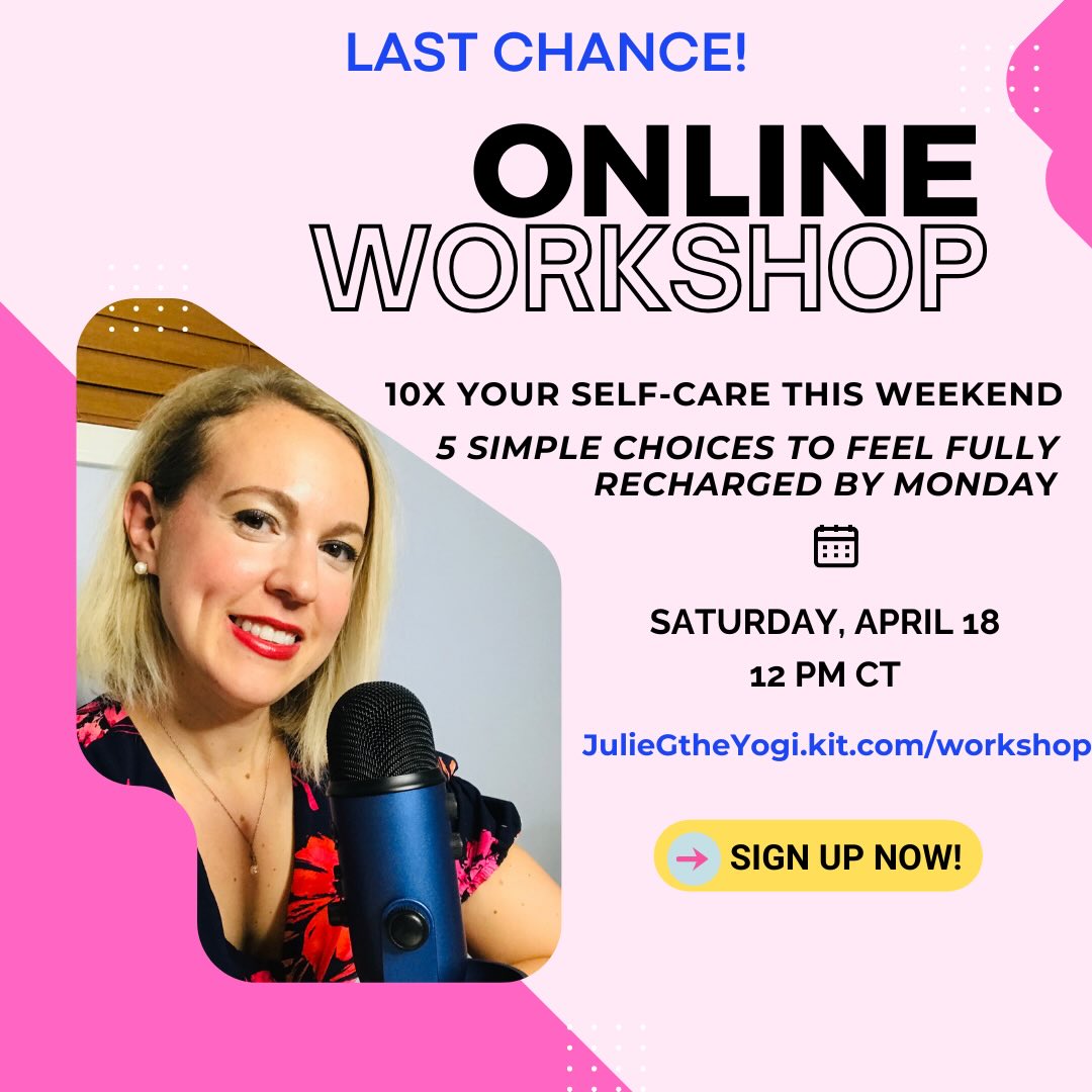 ✨ LAST CHANCE in 2026 ✨
I’m getting ready for my LIVE 1-hour workshop TOMORROW. Have you joined yet?
The 10x Your Self-Care This Weekend: 5 Simple Choices to Feel Fully Recharged by Monday is happening TOMORROW (April 18) at 12 PM CT — and you don’t want to miss this one.
This workshop is your ultimate weekend reset. Why? Because you’ll walk away with your very own Weekend Recharge Plan, which includes making 5 simple self-care choices created by you for you.
Build your plan once and then use it again every weekend so that by the time the next Monday comes around, you’re ready for it.
This isn’t another “add more things to your list” workshop. It’s practical, actionable and designed to give you the momentum to show up with the type of energy you want to bring into every Monday.
🌿 Don’t wait! This workshop is happening at 12 PM CT tomorrow. Can’t join live? You’ll get the replay! Save your spot before it’s too late → Sign up through the link in bio! 🎟️
#EnrollNow #EnrollingNow #OnlineWorkshops #LiveWorkshop #YogaTeachers
