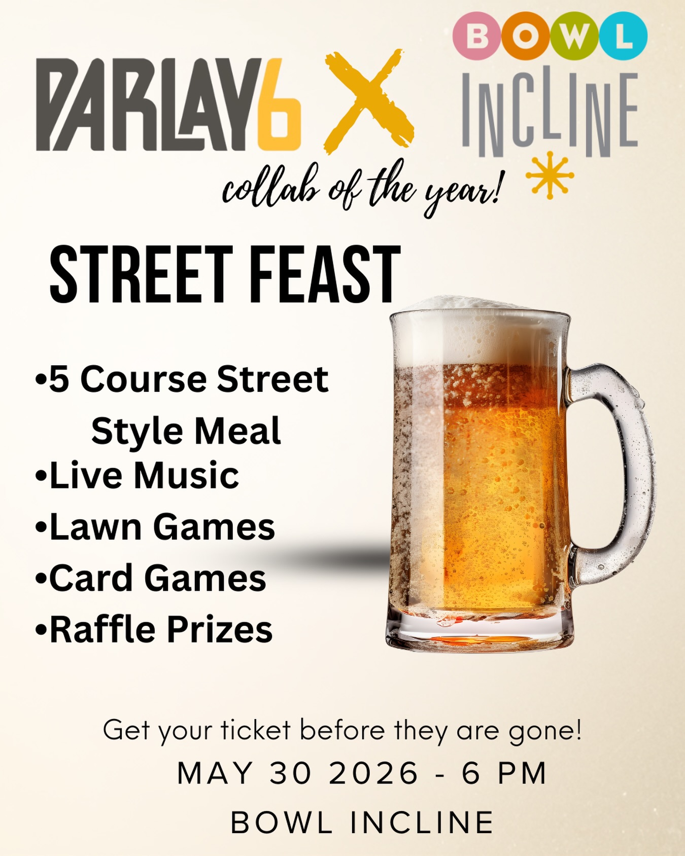 We are giving away 2 tickets to our @parlay6brewing Street Feast‼️
Tag who you would like to bring to this event in the comments❕
A vibrant 5-course, family-style street food feast with elevated takes on classic street fare—fun, bold, and made to share. This Bowl Incline x Parlay 6 collab brings high-energy, social dining vibes with perfectly paired craft beverages for a laid-back, unforgettable night.
LIVE BAND 🎶 LAWN GAMES✨RAFFLE PRIZES🎟️ARCADE GAMES🕹️
Winner for the giveaway will be announced 4/18!