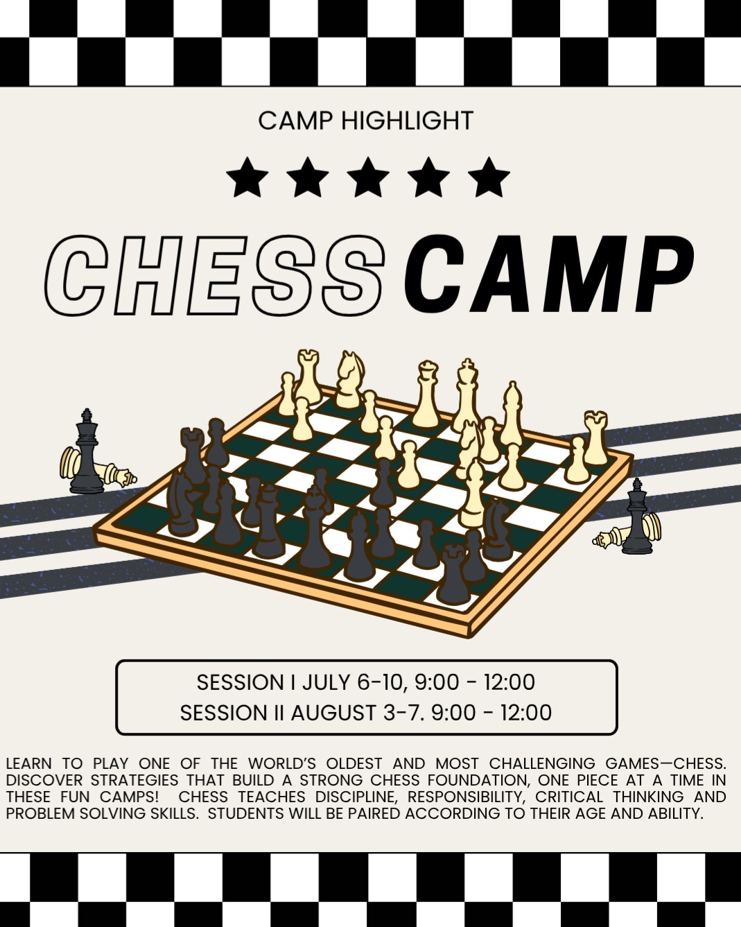 Camp Highlight!
Learn to play one of the world’s oldest and most challenging games—chess. Discover strategies that build a strong chess foundation, one piece at a time in these fun camps! Chess teaches discipline, responsibility, critical thinking and problem solving skills. Students will be paired according to their age and ability.
Players will also learn
• How to move the pieces
• Different strategies & tactics
• How to make most out their opportunities
• How to turn bad situations to their advantage
• How to accept setbacks and win/lose graciously
Camps are designed to teach chess in a fun and interesting way appropriate for young minds. Camp Instructor, Mrs. Parul Shah, has taught throughout the Richmond area, and has coached students who have achieved awards in tournaments.