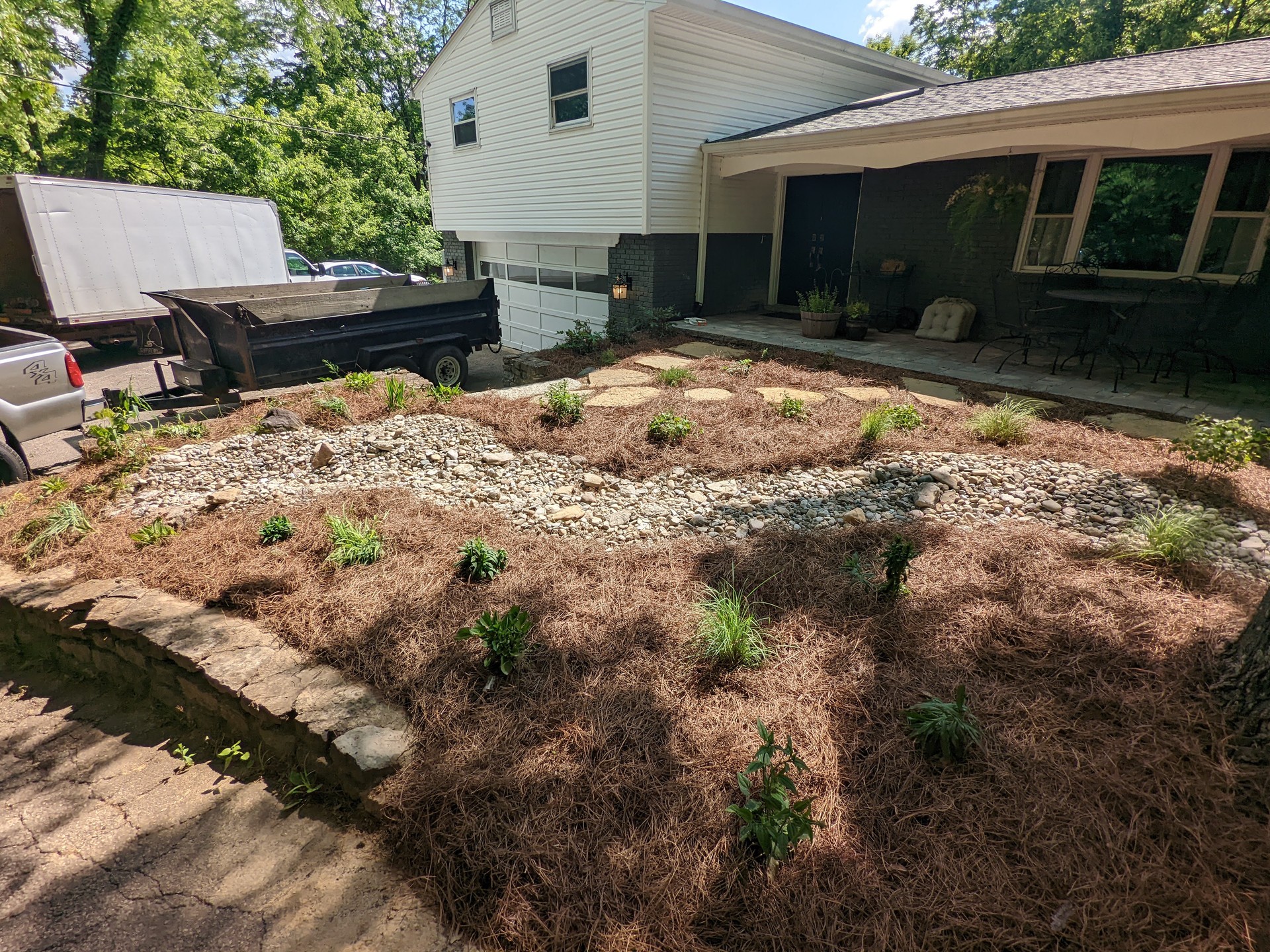 🌾 No More Mowing 🌾
New front porch, stairs, sidewalk, and PLANTS! This front yard had a bizarre layout which resulted in drainage issues and an inconvenient mowing situation.
We resolved these issues and worked with our favorite part-shade perennials to create a walk-able woodland garden right outside their front door!
#sustainablesights