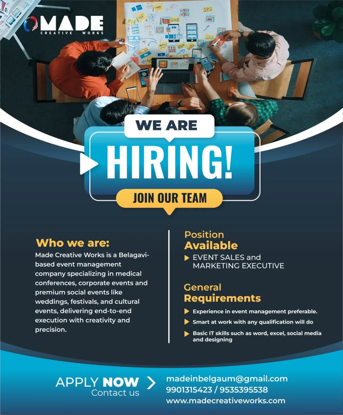 We are expanding our team!
#madecreativeworks #eventjobs #belagavi #belagavijobs #belagavijobseeking