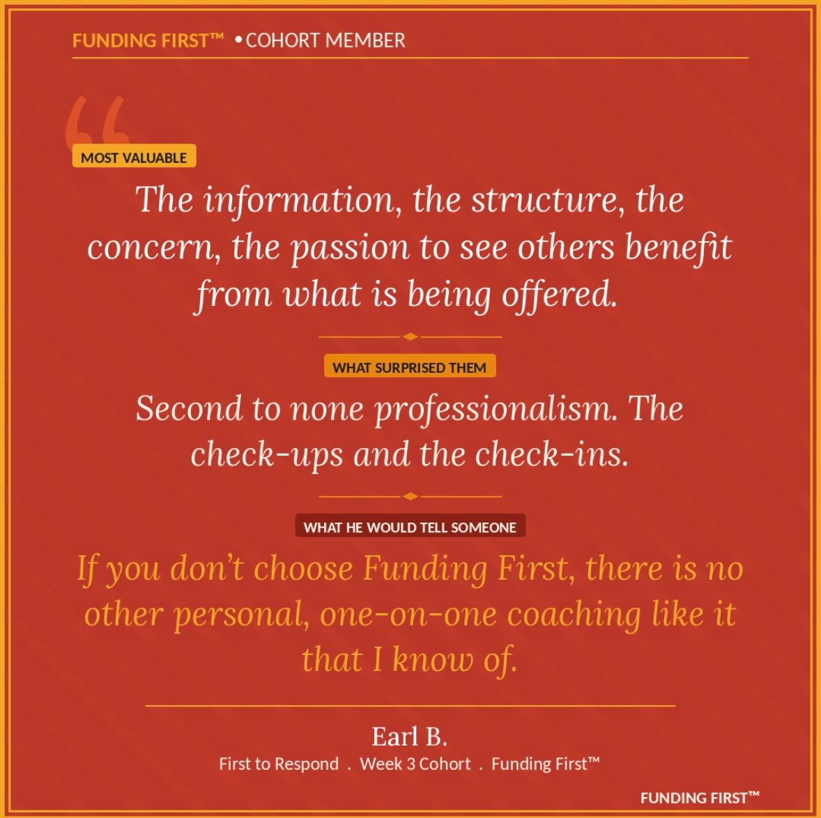 The feedback is coming in.
And it is only Week 3.
We have not even gotten to the grant writer yet.
We have not done the two build labs.
Earl B. was the first to respond to my survey. Here is what he said.
The information, the structure, the concern, the passion to see others benefit.
Second to none professionalism. The check-ups and the check-ins.
And when I asked what he would tell someone thinking about joining, he said:
“If you don’t choose Funding First, there is no other personal, one-on-one coaching like it that I know of.”
Week 3. Before the best parts.
$297 Lifetime Access closes Sunday, March 30. Link in bio☝🏽
shecarayvonne.com/fundingfirstsprint
-Shecara Yvonne