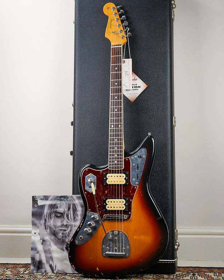 2011 Fender Kurt Cobain Jaguar.
A first-year model, rare for being both factory roadworn and a lefty.
I love the attention to detail on these - note the Gotoh tuners alongside factory-drilled holes for Klusons (just like Kurt’s).
Loaded with a bound real rosewood board and Dimarzio pickups, this model is about as close to the original as one can get.