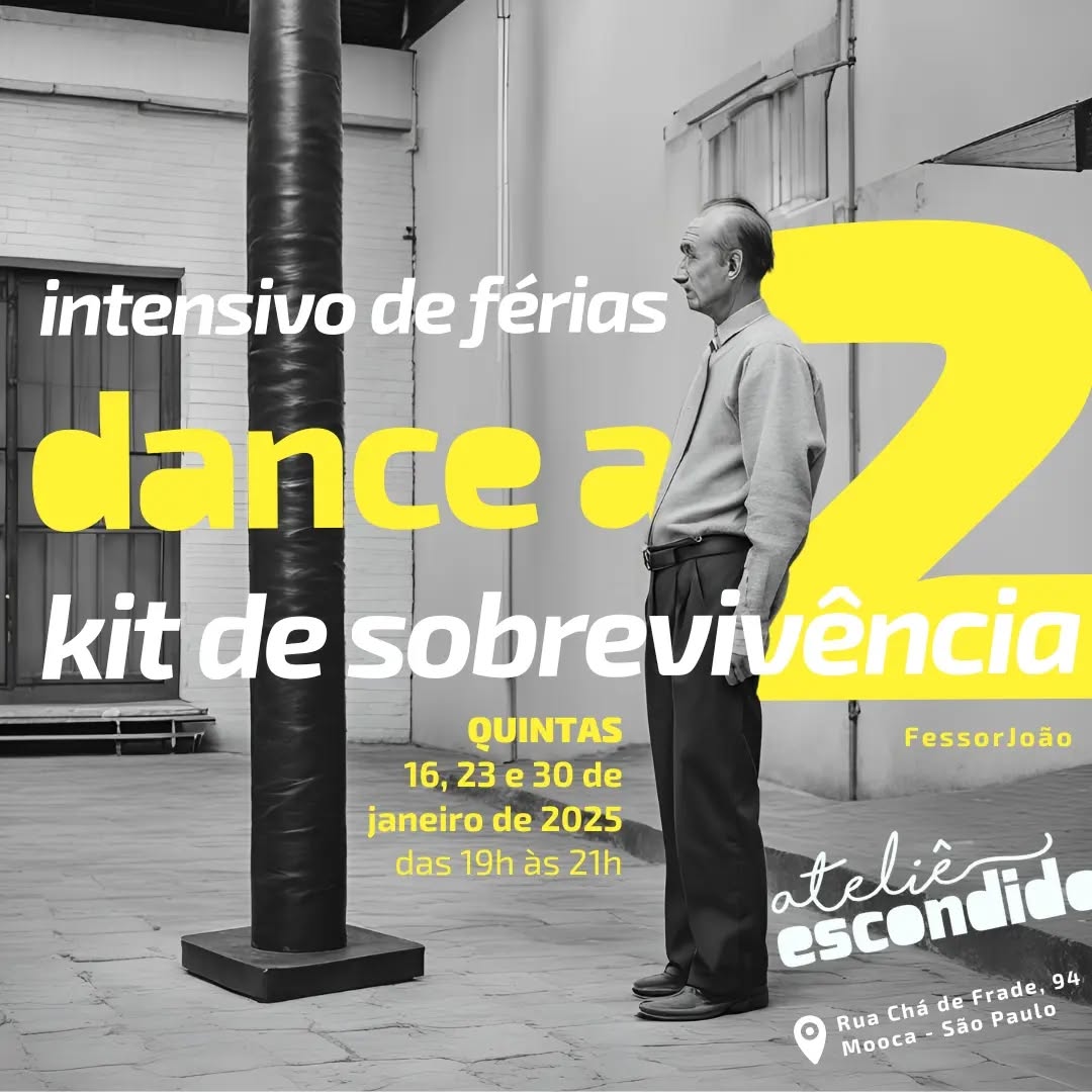 😀👋
Oi gente!
Se você é uma pessoa que gostaria de dançar juntinho mas...
- tem vergonha;
- não tem par fixo;
- tem um par que dança, mas vc não;
- sente dificuldades em se movimentar;
- quer sair pra dançar mas tá sem coragem;
A proposta dos encontros busca oferecer possibilidades e ferramentas para você SO BRE VI VER a uma dança a dois. Ou seja, não é nada suuuper avançado, hein?!
Saber dançar a dois é como saber entender e falar um pouco inglês. Mesmo sendo muito pouco, quanto menos se espera, é um conhecimento que quebra um galho.
Além de ser uma forma muito boa de interagir com a galera sem ter que ficar falando muito!!!
Se identificou!?
Chama do DM ou pelo zap 11 950307324.
Qq dúvida... só chamar.
Oficina:
Dance a 2 - kit de sobrevivência
Intensivo de férias
Data e horário:
Quntas-feiras
16, 23 e 30 de janeiro de 2025
Das 19 às 21h
Local e endereço:
Ateliê Escondido
Rua Chá de Frade, 94 - Mooca
Preço - 3 aulas:
R$ 100 pago até 16 de janeiro
R$ 80 pago até 10 de janeiro
Professor:
@fessorjoao
Até!!!
😘
Descrição das imagens:
Foto 1
Fotografia, feita por meio de ferramenta de inteligência artifical, de um ambiente interno com duas portas e piso ladrilhado. Ao lado esquerdo está um poste preto sobre uma base quadrada. Do lado direito, há um homem de meia idade, calvo, vestindo camisa e calça social. Está com as mãos no bolso e suas costas são um pouco curvadas. O homem olha, fixamente, para o poste.
As informações sobre as aulas aparecem escritas nas cores branco e amarelo.
No rodapé direito aparecem, em branco, o endereço e a marca do Ateliê Escondido, cuja letra "o" é cortada pela lateral da imagem.
Foto 2
Fotografia de vista superior de piso cerâmico rosa em formato hexagonal misturado com piso de cimento rústico. Do lado direto aparecem dois pés usando chinelos com tiras largas. As unhas estao pintadas de verde escuro. O ângulo da imagem é como se nós olhássemos para nossos próprios pés. Os pés estão juntos, bem grudados um no outro.
As informações sobre as aulas aparecem escritas nas cores branco e amarelo.
No rodapé direito aparecem, em branco, o endereço e a marca do Ateliê Escondido, cuja letra "o" é cortada pela lateral da imagem.