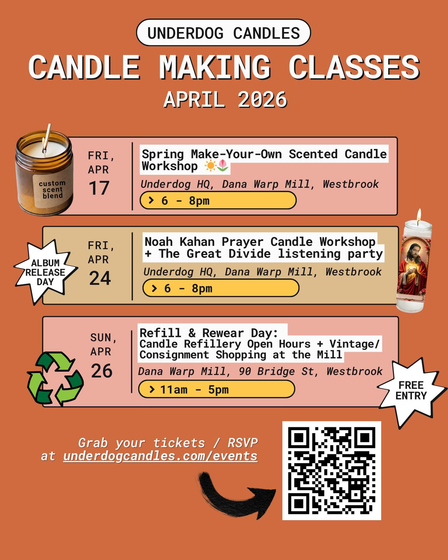 ~ Ticket sales open 3/25 at 6pm! ~
So excited for some new workshops and events in April! Grab your bestie, your roomie, your partner, or come solo and meet new friends!
For more deets & tickets/RSVP, head to the link in my bio or visit underdogcandles.com/events. See you soon!