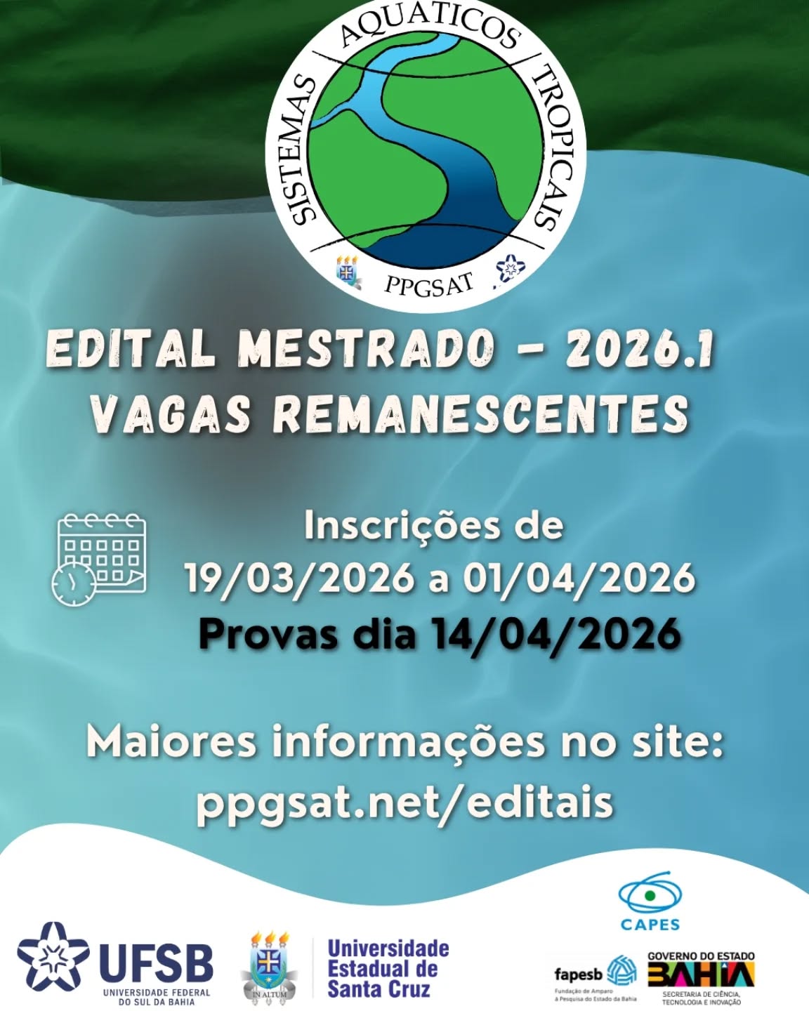 Mestrado em Sistemas Aquáticos Tropicais- Provas dia 14/04/2026!!!!