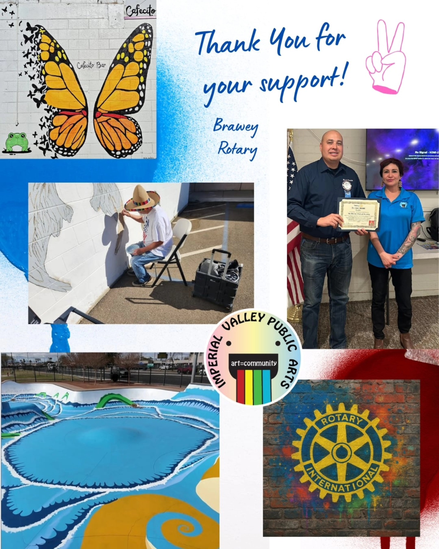 IVPA would like to express our gratitude to Brawley Rotary for offering us the opportunity to present our organization and for helping spread the word about what we do. We are always thrilled when local businesses and organizations want to learn more about our mission and extend their support.
Brawley Rotary is part of a global network of community members who volunteer their skills and resources to solve issues and address community needs. More information can be found at www.BrawleyRotary.com.
At the end of our visit, the Rotary Club of Brawley presented us with a humbling gift - a donation to vaccinate 30 children against the polio virus in our honor. The donation was made to the Rotary's Polio Plus Campaign, a campaign that aims to eradicate Polio worldwide. THANK YOU!
#rotaryinternational
#brawley
#brawleyrotary
#brawleyrotaryclub
#imperialvalleymurals
#imperialvalleylove
#volunteerism
#loveyourcommunity
#loveart
#artischange
#artfundraiser
#endpolio
#poliocampaign