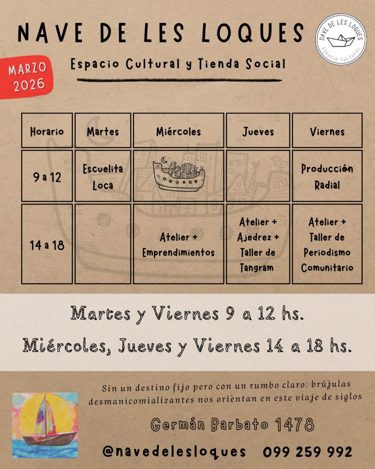 En la primera entrega de Enlazo 2026, en la sección “Noticias que llegan” compartimos a Vilardevoz 💥
Desde hace 28 años, transforma el cruce entre locura y pobreza en comunicación, arte y comunidad.
De ese recorrido nace La Nave de les Loques: un espacio cultural, tienda social y punto de encuentro donde la creación colectiva y la expresión son protagonistas.
¿Qué podés encontrar?
🌀Tienda social con piezas hechas a mano, libros y producciones de distintos colectivos
🌀Rincón second hand con ropa para un consumo más consciente
🌀Espacios de creación y emprendimientos
🌀Atelier de arte para explorar, pintar y compartir
🌀Talleres y propuestas como periodismo comunitario, tangram y más
Un lugar para habitar la diversidad, encontrarse con otros y construir otros mundos posibles.
⛵️Antes de naufragar… acercate a conocer La Nave 💫