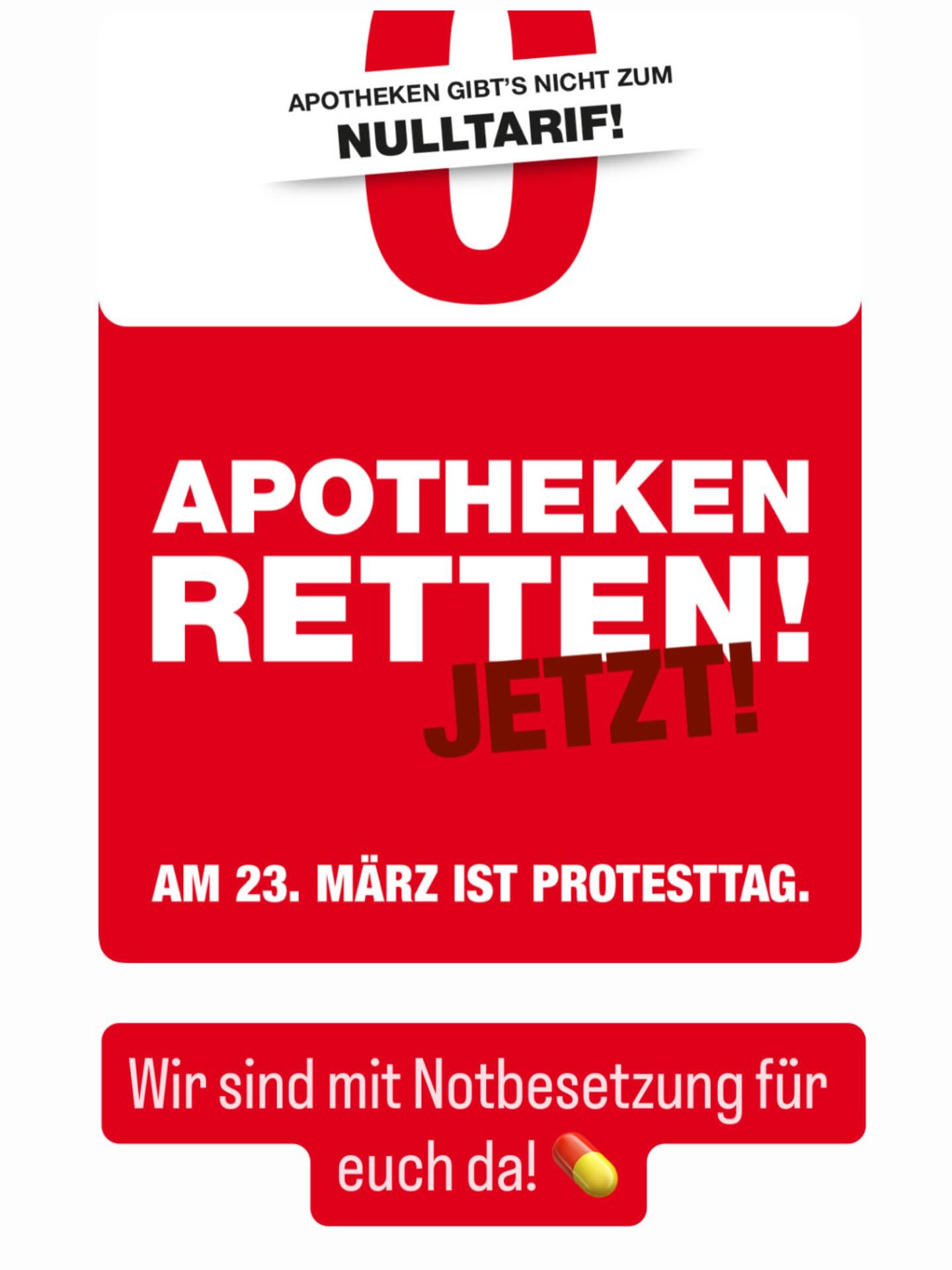 ❗️Montag, den 23.03., bleiben viele Apotheke geschlossen – damit sie in Zukunft weiter offen stehen! Wir sind mit Notbesetzung für euch da!
Zusammen mit vielen anderen Apotheken
protestieren wir in Berlin, Düsseldorf, Hannover und München. Warum?
Seit 13 Jahren wurde unser Honorar nicht angepasst, während die Kosten explodiert sind.
Die Folge: Jede 5. Apotheke musste bereits
schließen.
Darum fordern wir unser Honorar sofort anzupassen und gesetzlich für die Zukunft zu sichern.
Unterstützen Sie uns bei unserem Protest und
machen Sie mit uns deutlich: Apotheken gibt’s nicht zum Nulltarif!