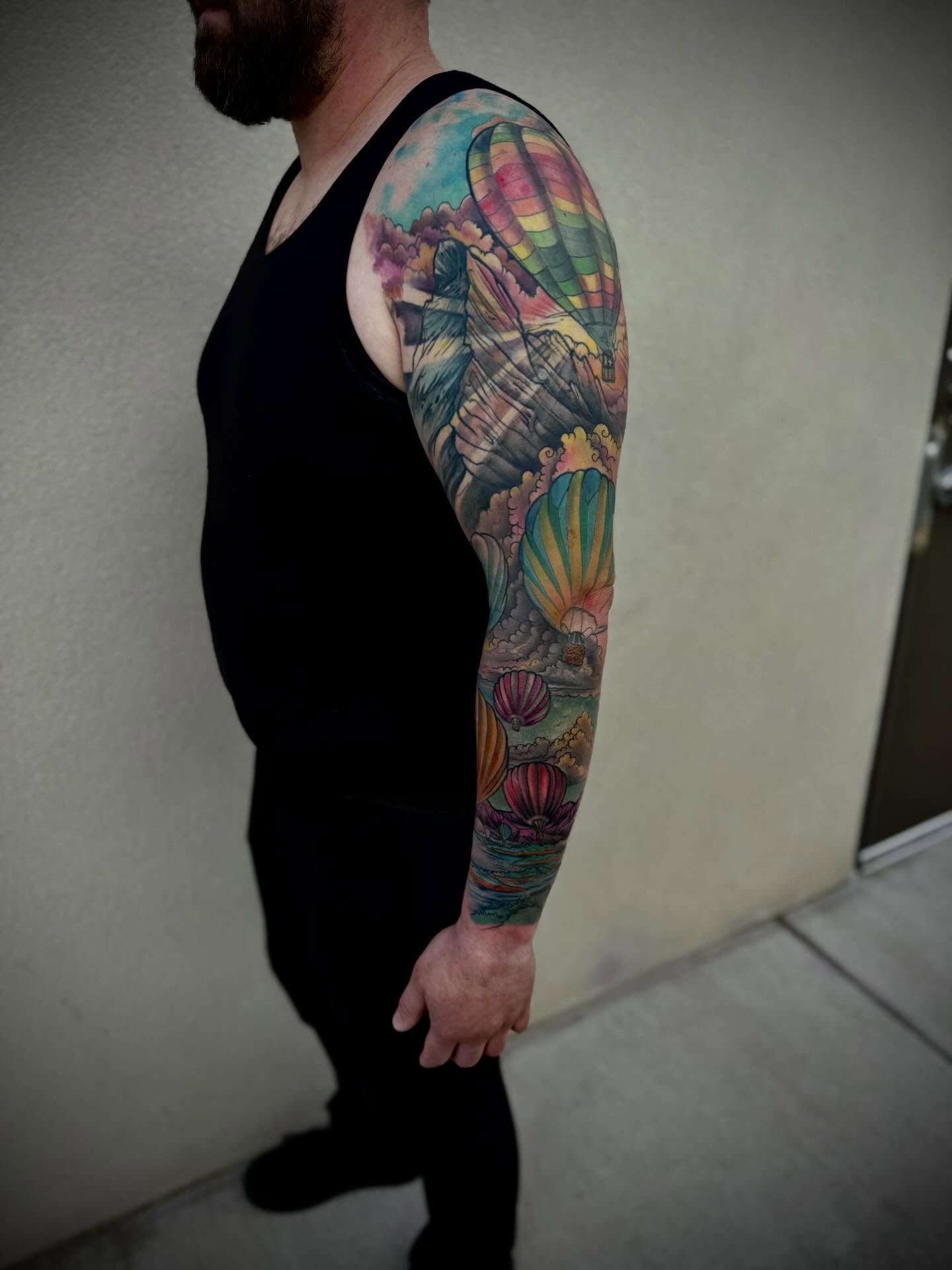 still got a ways to go on this hot air balloon sleeve I’m doing… But it’s looking pretty good! Thanks for looking and have a great day!#albquerquetattooartist #albquerqueinternationalballoonfiesta #hotairballoon #hotairballoons #hotairballon