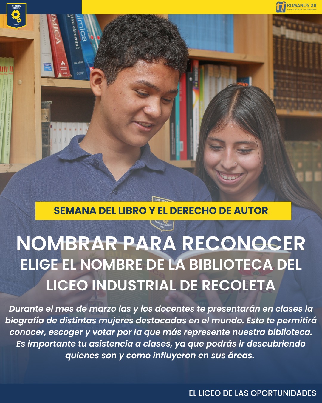 📚✨ En el marco del Mes del Libro y el Derecho de Autor, el Departamento de Humanidades, junto al CRA, te invitan a participar en la actividad “Nombrar para reconocer: elige el nombre de nuestra biblioteca”.
🏫💬 Esta iniciativa busca que los y las estudiantes otorguen identidad a los espacios que habitan dentro de nuestro liceo, fortaleciendo el sentido de pertenencia y reconocimiento de la comunidad.
Organiza: Departamento de Humanidades
Liceo Industrial de Recoleta