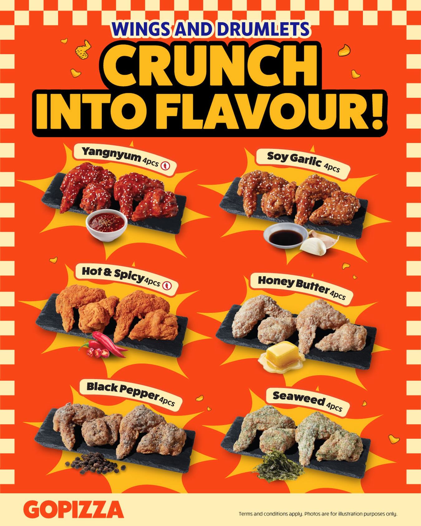 ⚠️ WARNING: HIGHLY ADDICTIVE ⚠️
6 bold flavours of wings & drumlets hitting HARD 🔥
💥 $5.90 (dine-in & takeaway) — limited time only!
🚚 Delivery prices vary
Let us know your favourite flavour below!
#GOPIZZA #GOPIZZASG
