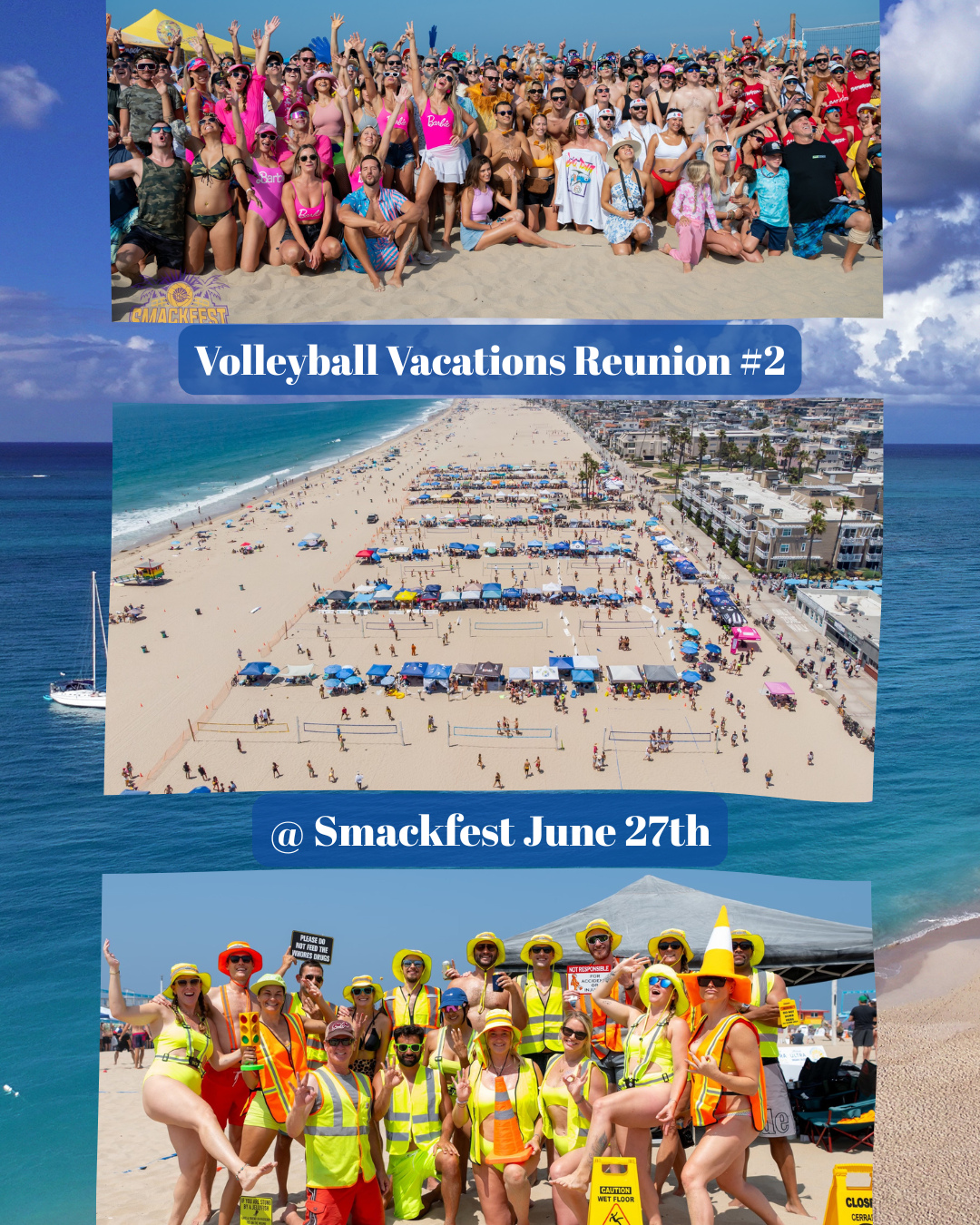 VBV Reunion #2 goes down June 27th at the 31st Annual Smackfest in Hermosa Beach! The biggest and wildest 4s co-ed costume tournament in the world! We'll have our full VBV compound set up right next to our court so come hang, watch, cheer, or jump in and play! New faces and old faces are ALL welcome - this fam only gets bigger and better.🔥 See you on the sand! 🤙